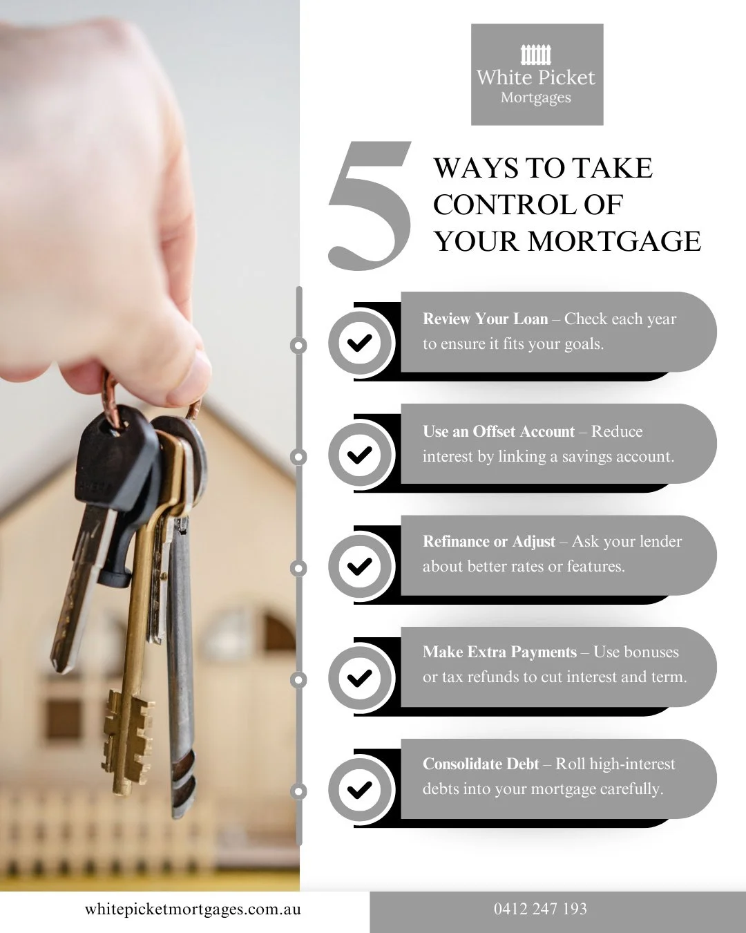 By taking these steps, you can take control of your mortgage, reduce costs, and make informed decisions that set you up for long-term financial success.

#Whitepicketmortgages #homeloans #mortgage #homeloanadvisers #homebuyer #australiahomebuyer #mor