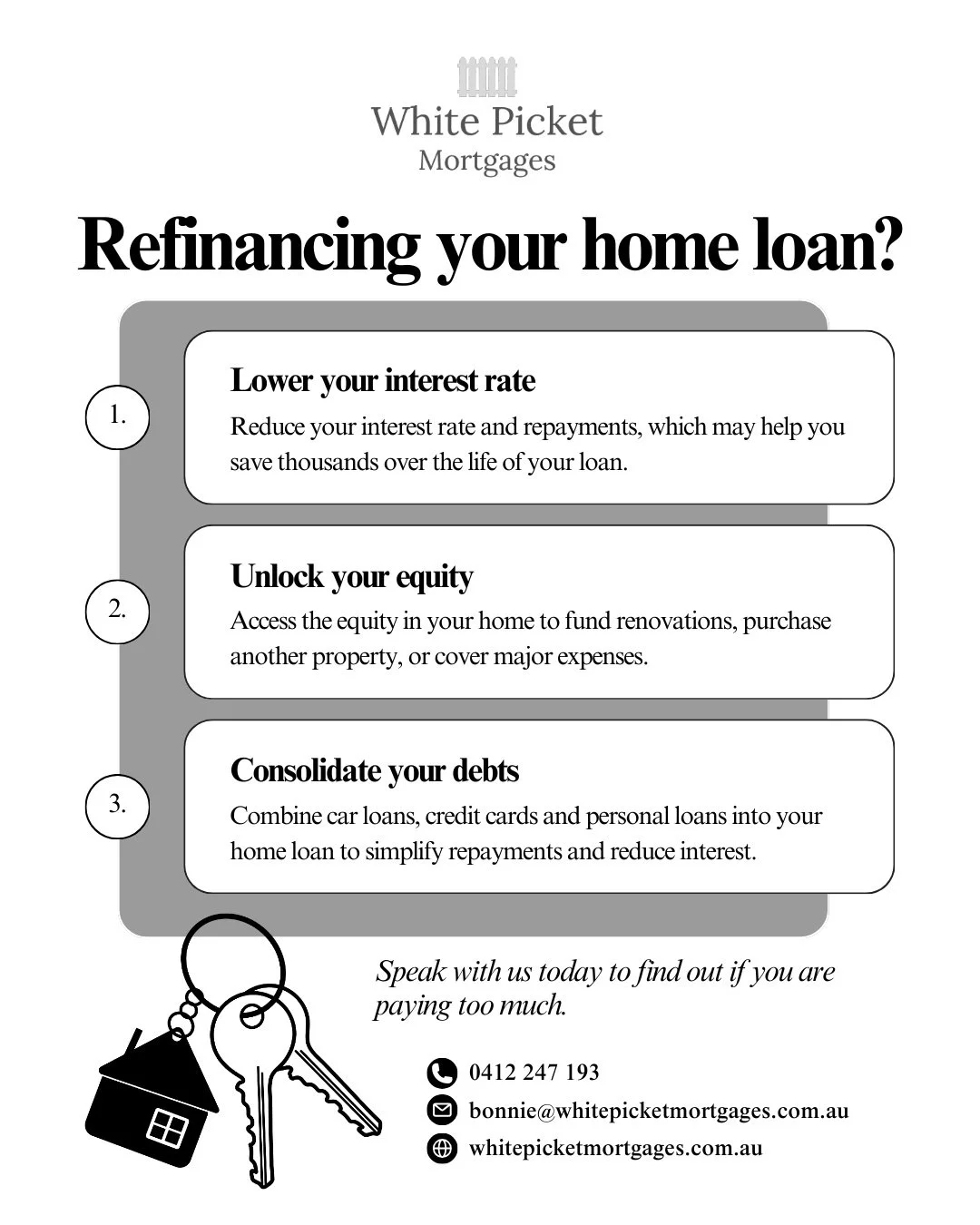 Thinking about refinancing your home loan?

If you have not reviewed your loan in a while, it may be worth checking whether a better option is available.

Speak with our team today to see if your current loan is still the right fit.

Just leave us a 
