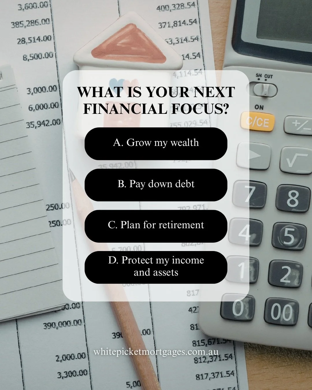 Everyone&rsquo;s financial journey looks different.

Drop your answer in the comments and start thinking about your next move.

#Whitepicketmortgages #homeloans #mortgage #homeloanadvisers #homebuyer #australiahomebuyer #mortgagebroker #investmentpro