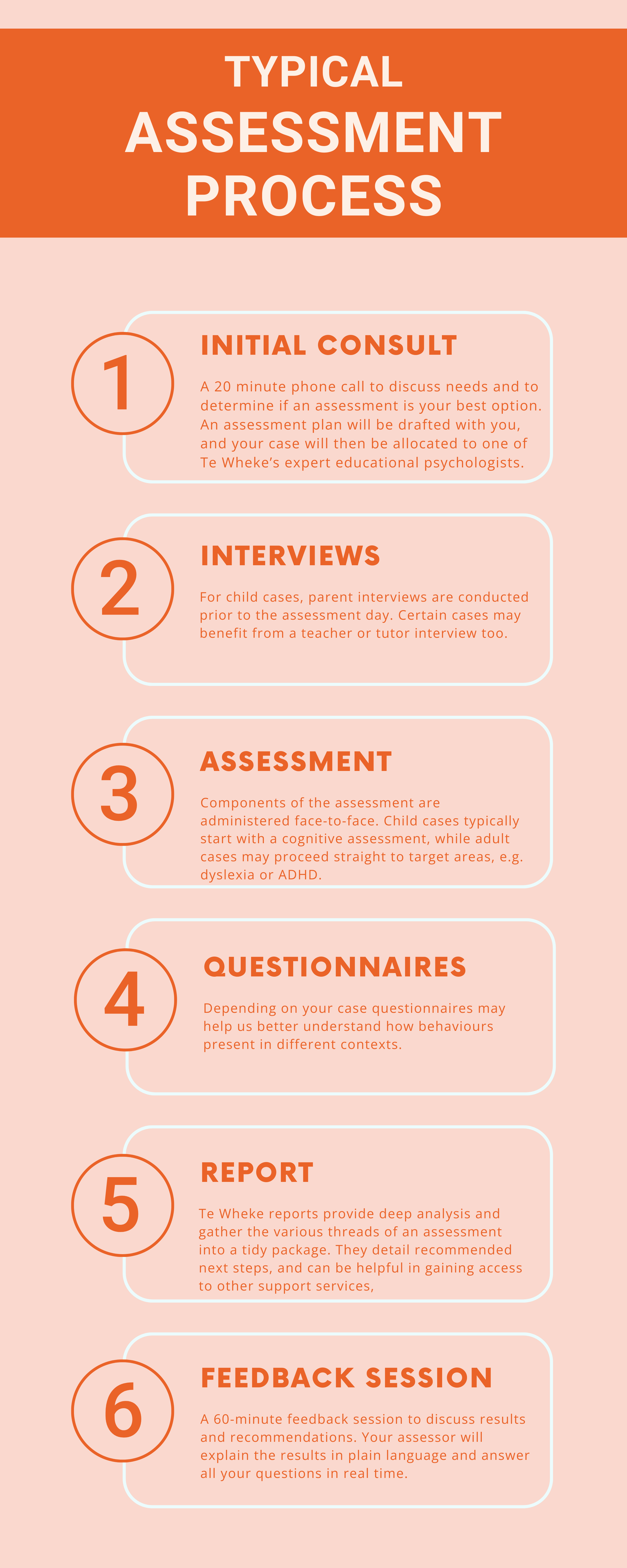 Infographic titled 'Typical Assessment Process' outlining six steps: 1. Initial Consult - a 20-minute phone call to discuss needs and plan, 2. Interviews - parent interviews before assessment day, 3. Assessment - face-to-face cognitive assessments, 4. Questionnaires - to understand behaviors, 5. Report - detailed analysis and recommendations, 6. Feedback Session - 60-minute discussion of results and next steps.