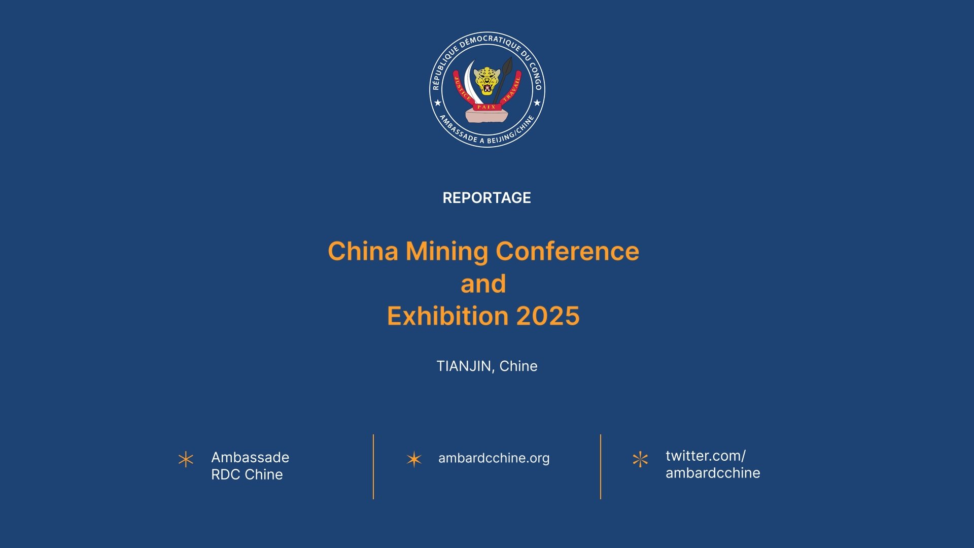 Cover slide of a presentation about the China Mining Conference and Exhibition 2025, held in Tianjin, China, featuring the insignia of a jaguar or panther with a shield and swords, and social media and website links at the bottom.