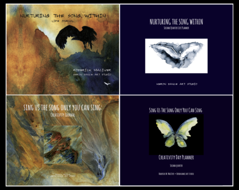 A collage of four artistic journal covers with inspirational messages, abstract backgrounds, and watercolor-style animal and butterfly illustrations.