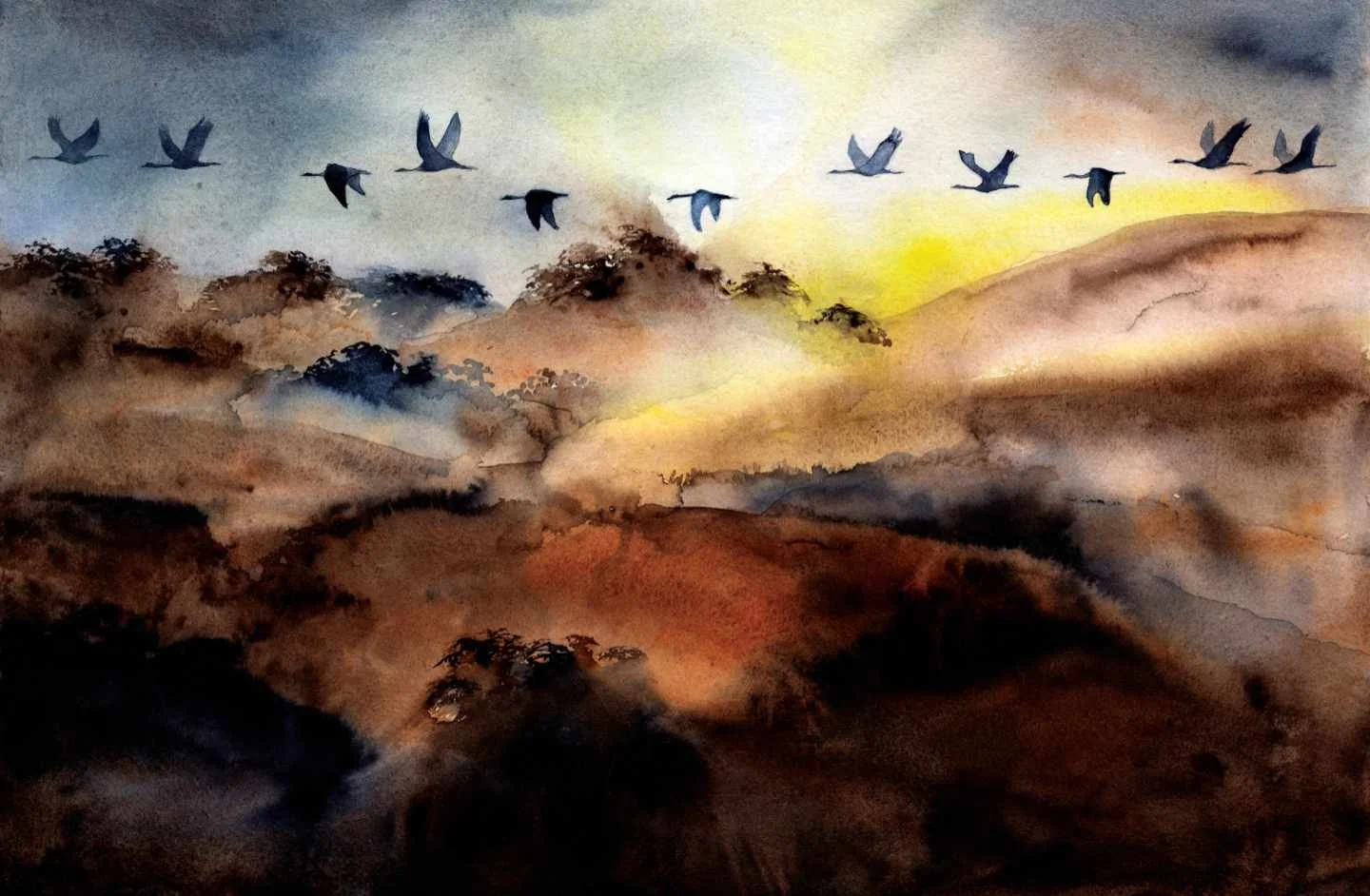 September Sandhill Sunrise Watercolor 