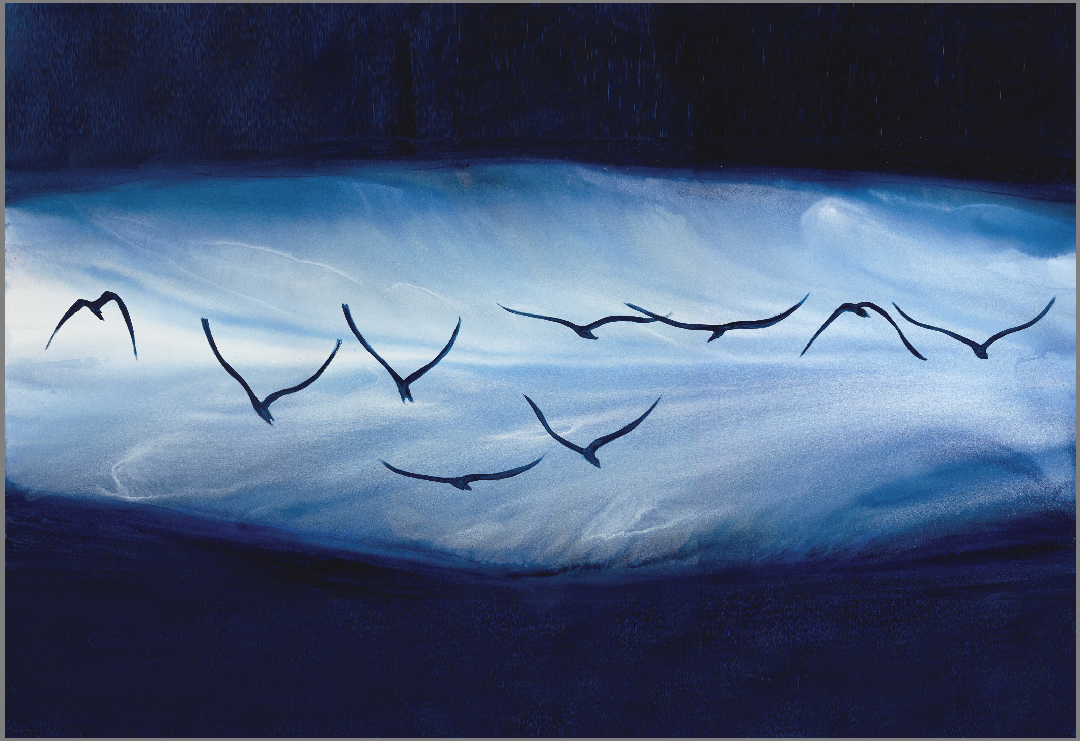 Flock of geese emerging out of early morning fog