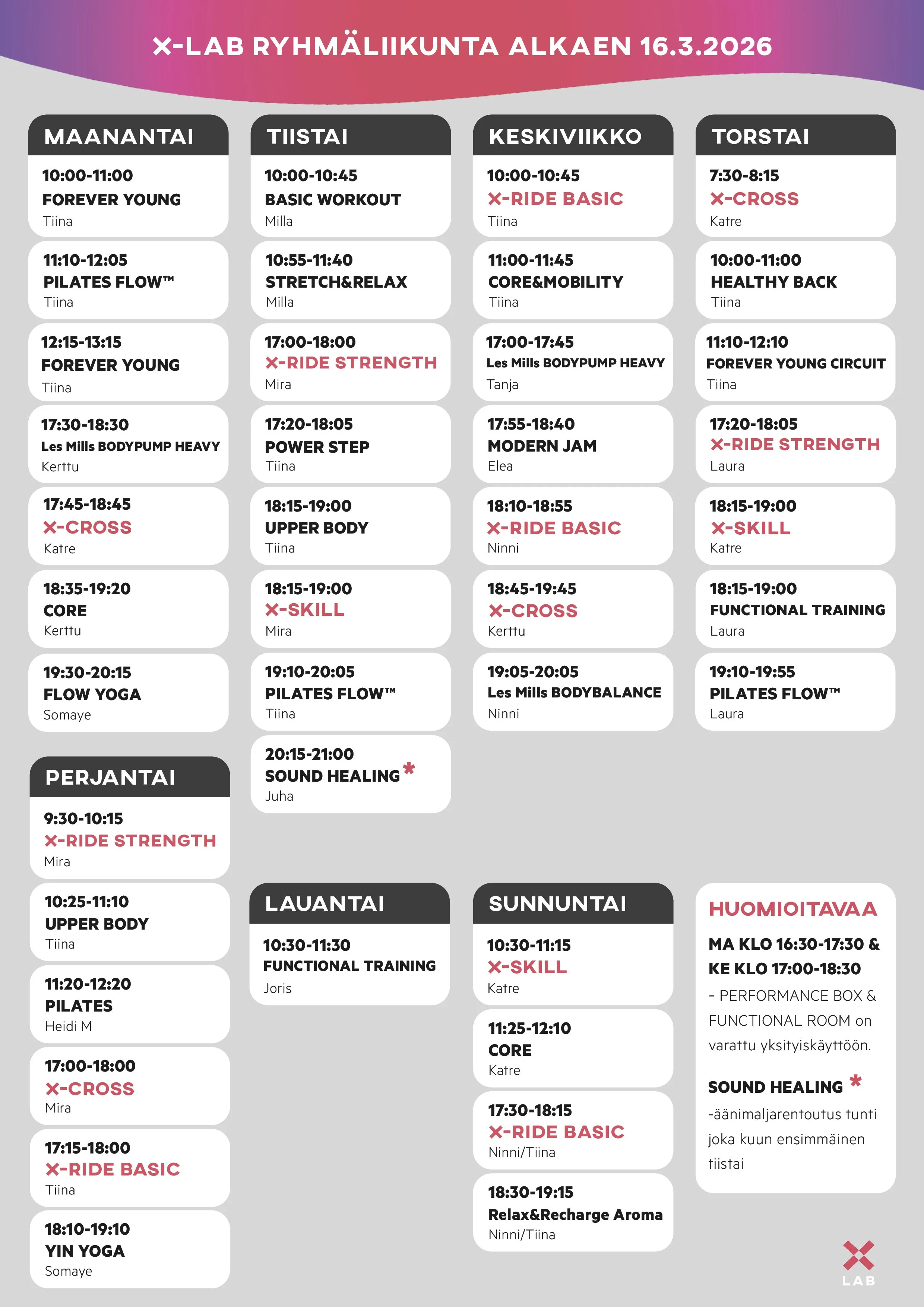 x-lab ryhmäliikunta-aikataulu 16.3.2026 alkaen