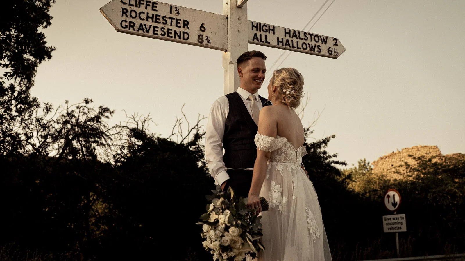 Romantic editorial couple portrait at Cooling Castle Barn wedding venue in Kent