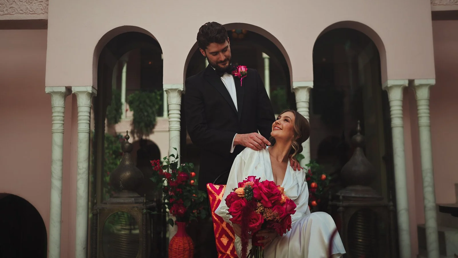 Fine art portrait with controlled colour and refined composition with a couple in black-tie at Port Lympne Hotel & Reserve.