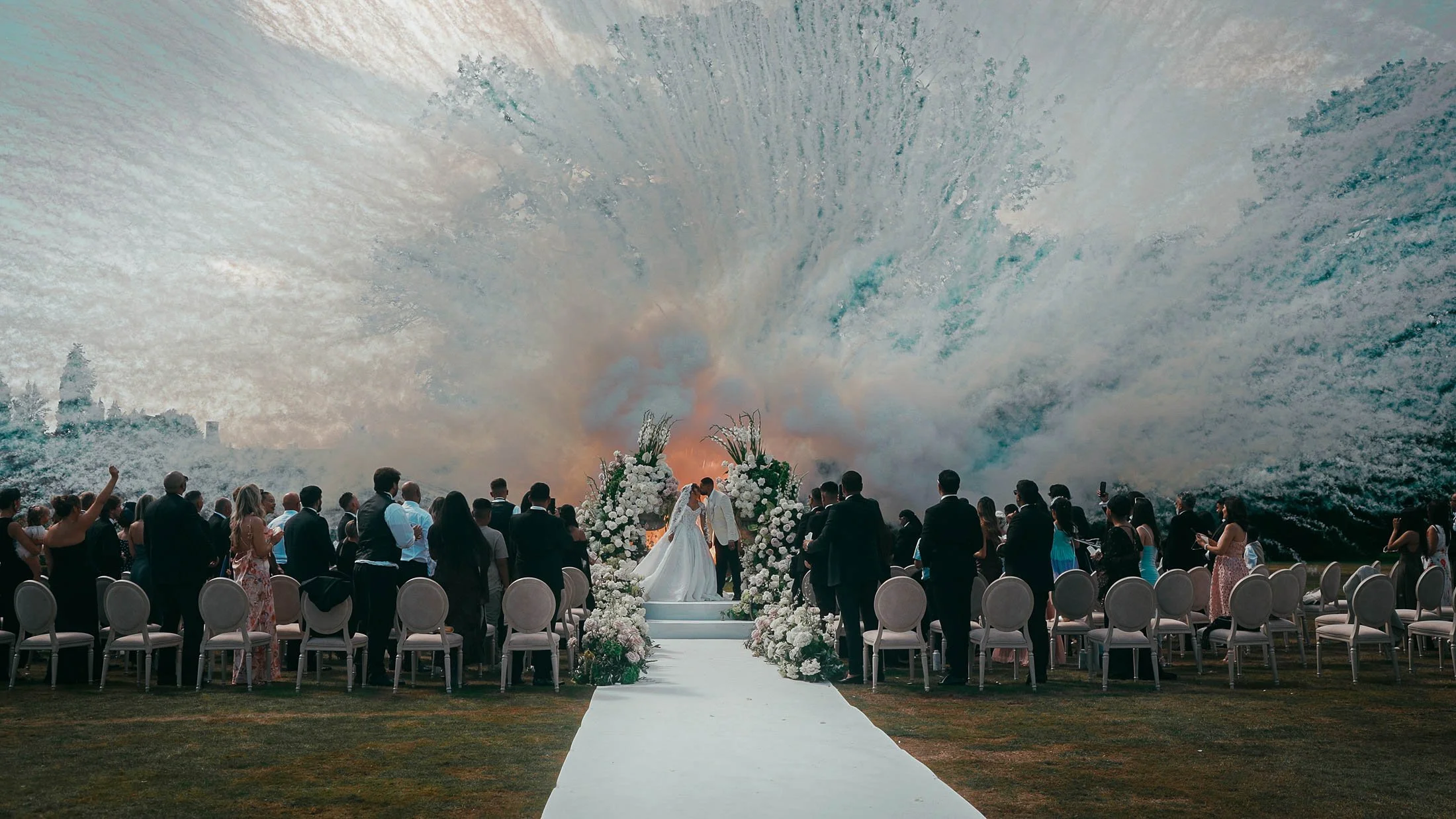 Daytime fireworks explode during an outdoor wedding ceremony at Grantley Hall in Yorkshire, as the bride and groom share a kiss.