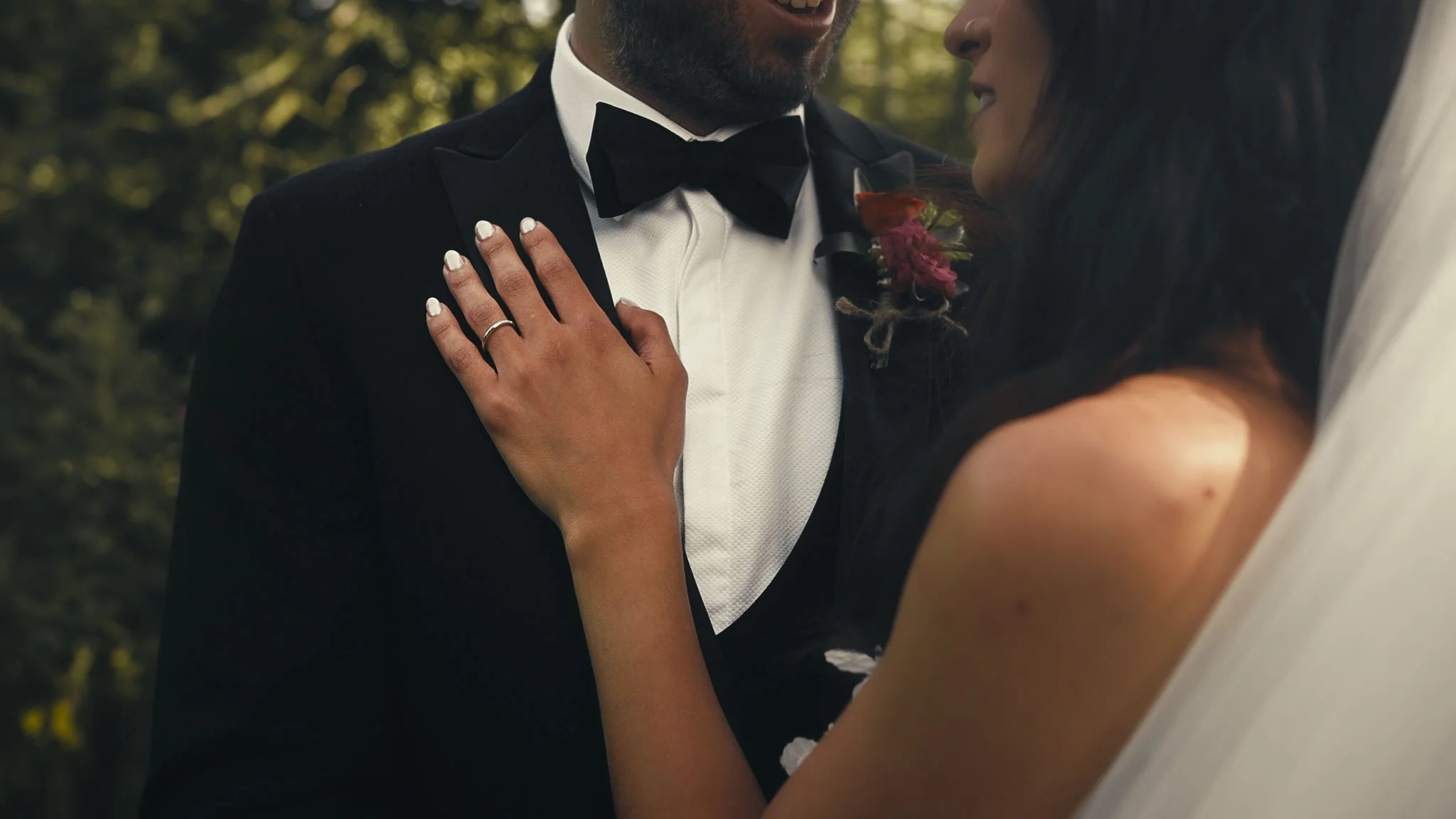 An editorial style couples portrait session from a black tie wedding at The Old Kent Barn, captured by Kent wedding videographer Luke Batchelor Productions.
