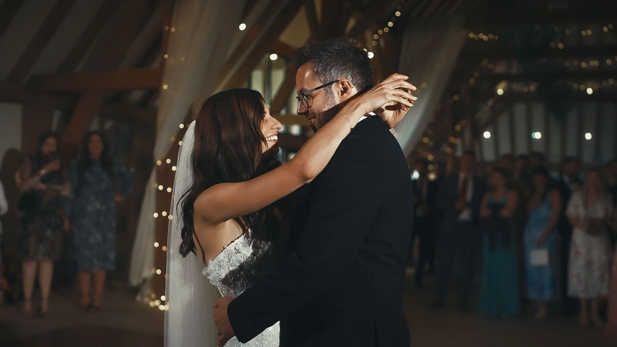 A black tie wedding afterparty at The Old Kent Barn, filmed by Kent videographer Luke Batchelor Productions