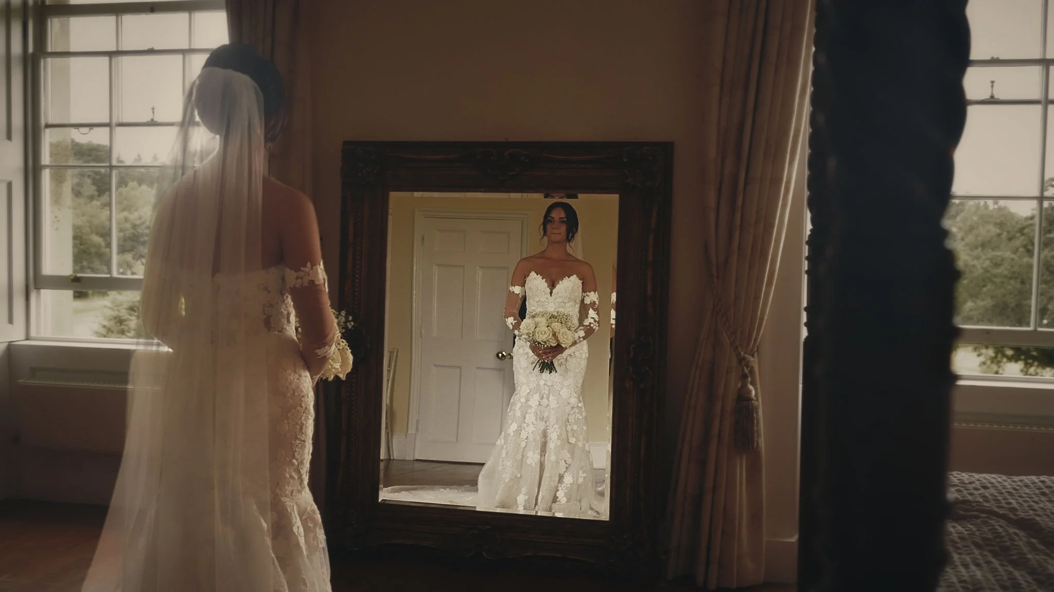 A cinematic wedding videography shot from a black tie wedding at Botleys Mansion in Surrey, filmed by Luke Batchelor productions.