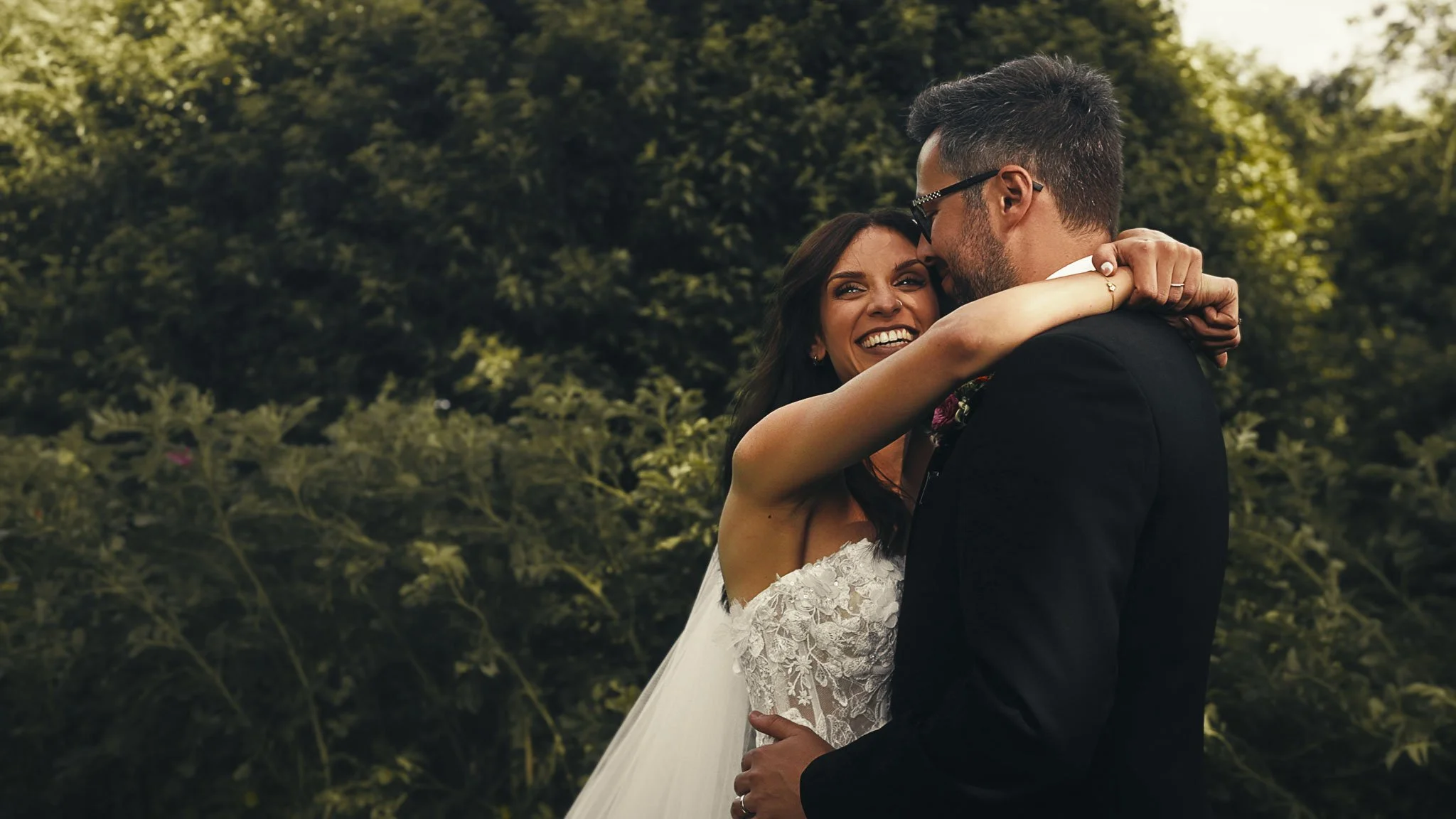 An editorial style couples portrait session from a black tie wedding at The Old Kent Barn, captured by Kent wedding videographer Luke Batchelor Productions.