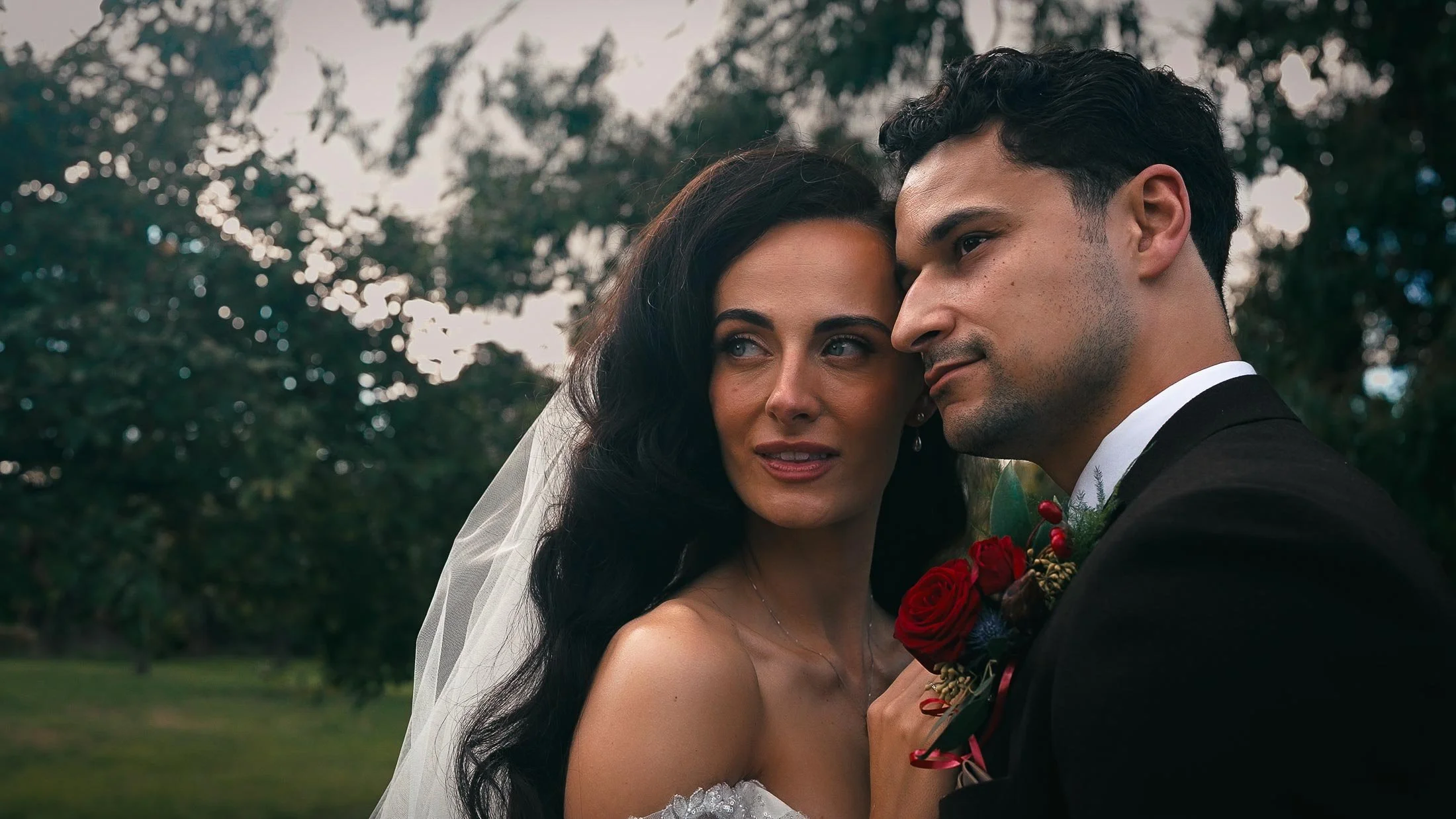 Close up portrait of bride and groom at Elmore Court, Gloucester.