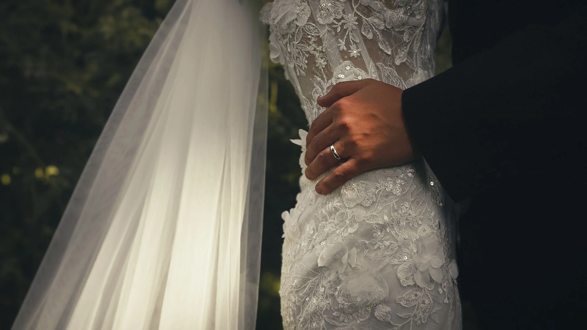 An editorial style couples portrait session from a black tie wedding at The Old Kent Barn, captured by Kent wedding videographer Luke Batchelor Productions.