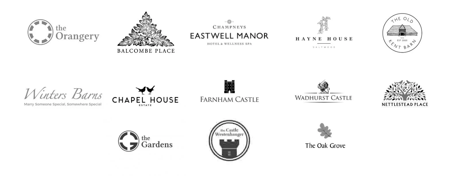 An image showing the 13 high-end luxury wedding venues that recommend Kent wedding videographer Luke Batchelor Productions to their couples and clients.