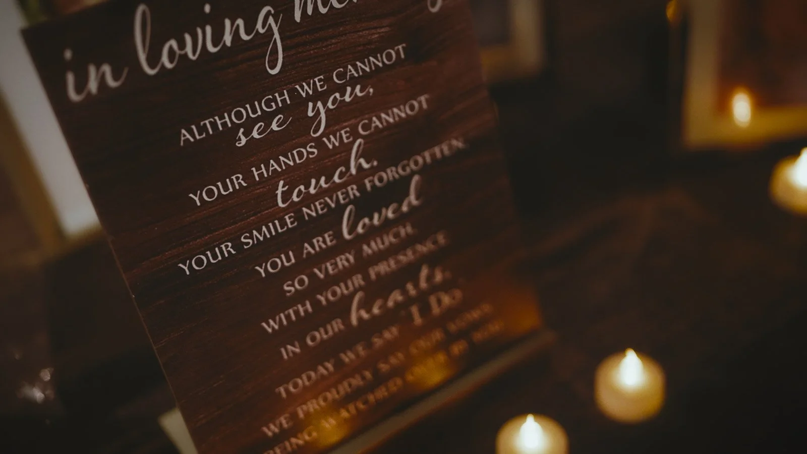 Close up detail and establishing shot of a memory table in a Cooling Castle wedding video.