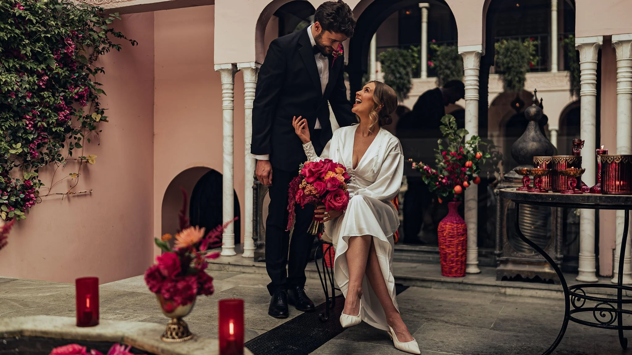 port-lympne-luxury-pink-wedding-inspiration-courtyard-couple.jpg