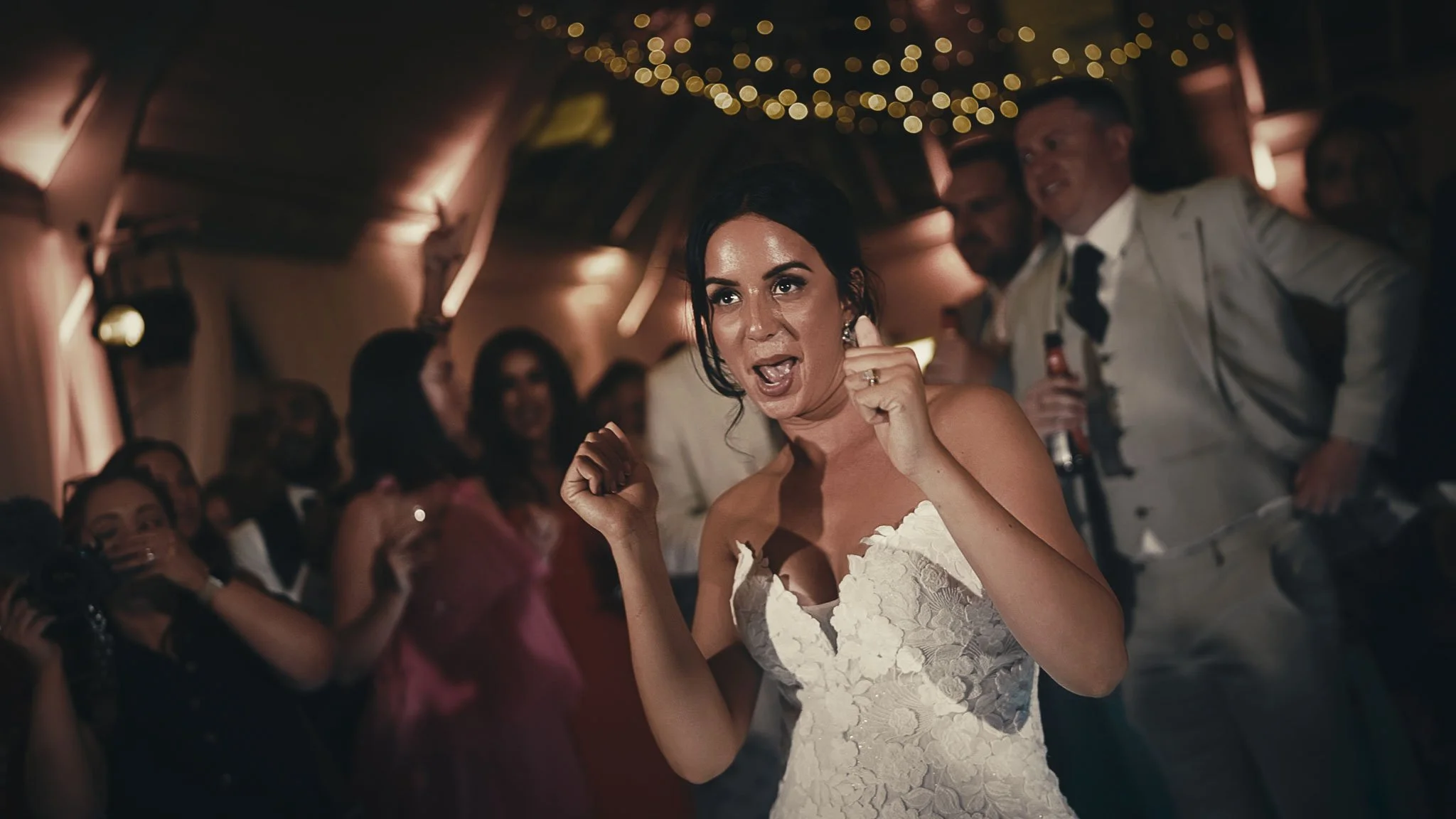 Editorial evening portrait of Niamh and Dominic inside Botleys Mansion as the night celebration continues.