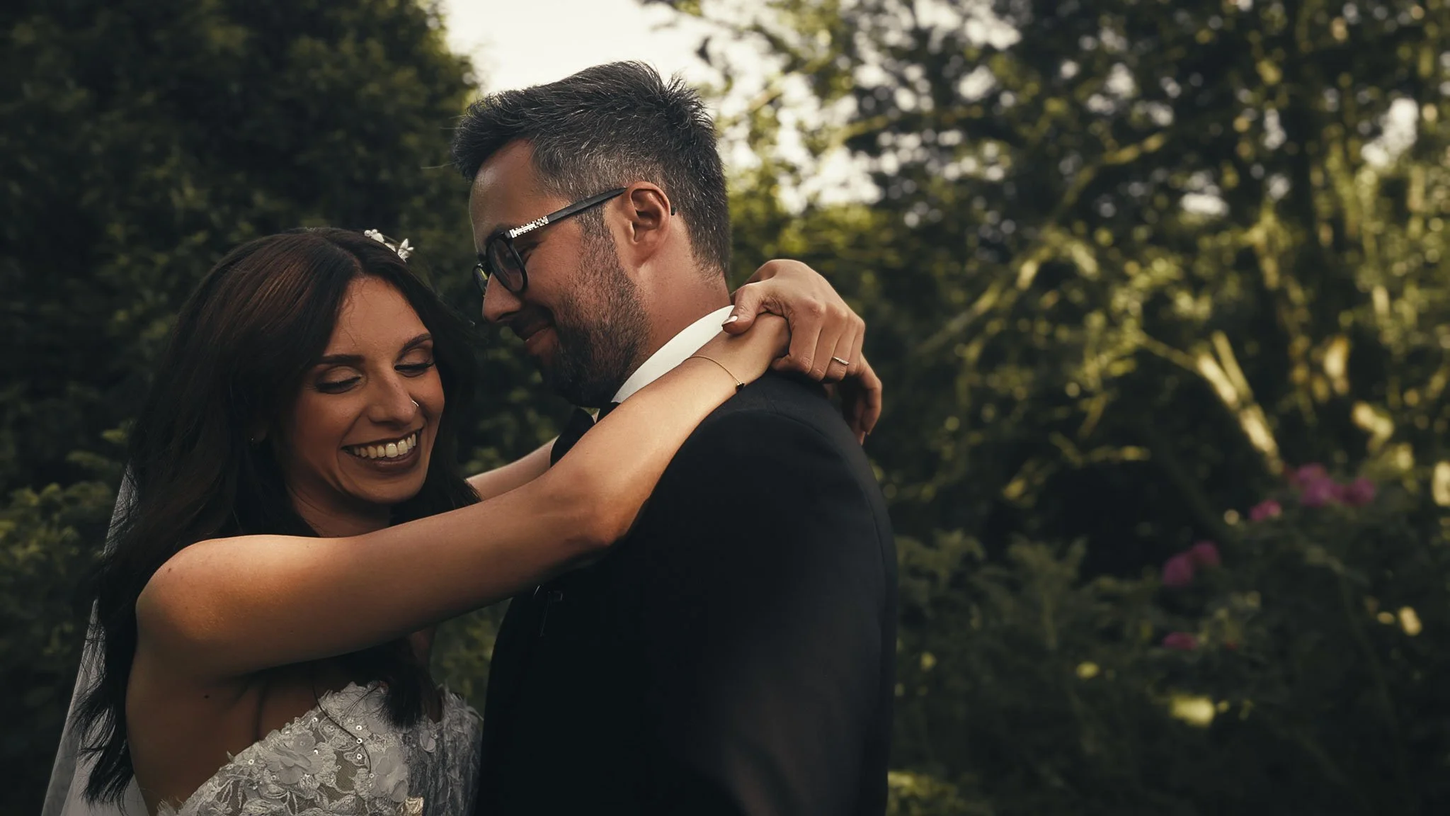 An editorial style couples portrait session from a black tie wedding at The Old Kent Barn, captured by Kent wedding videographer Luke Batchelor Productions.