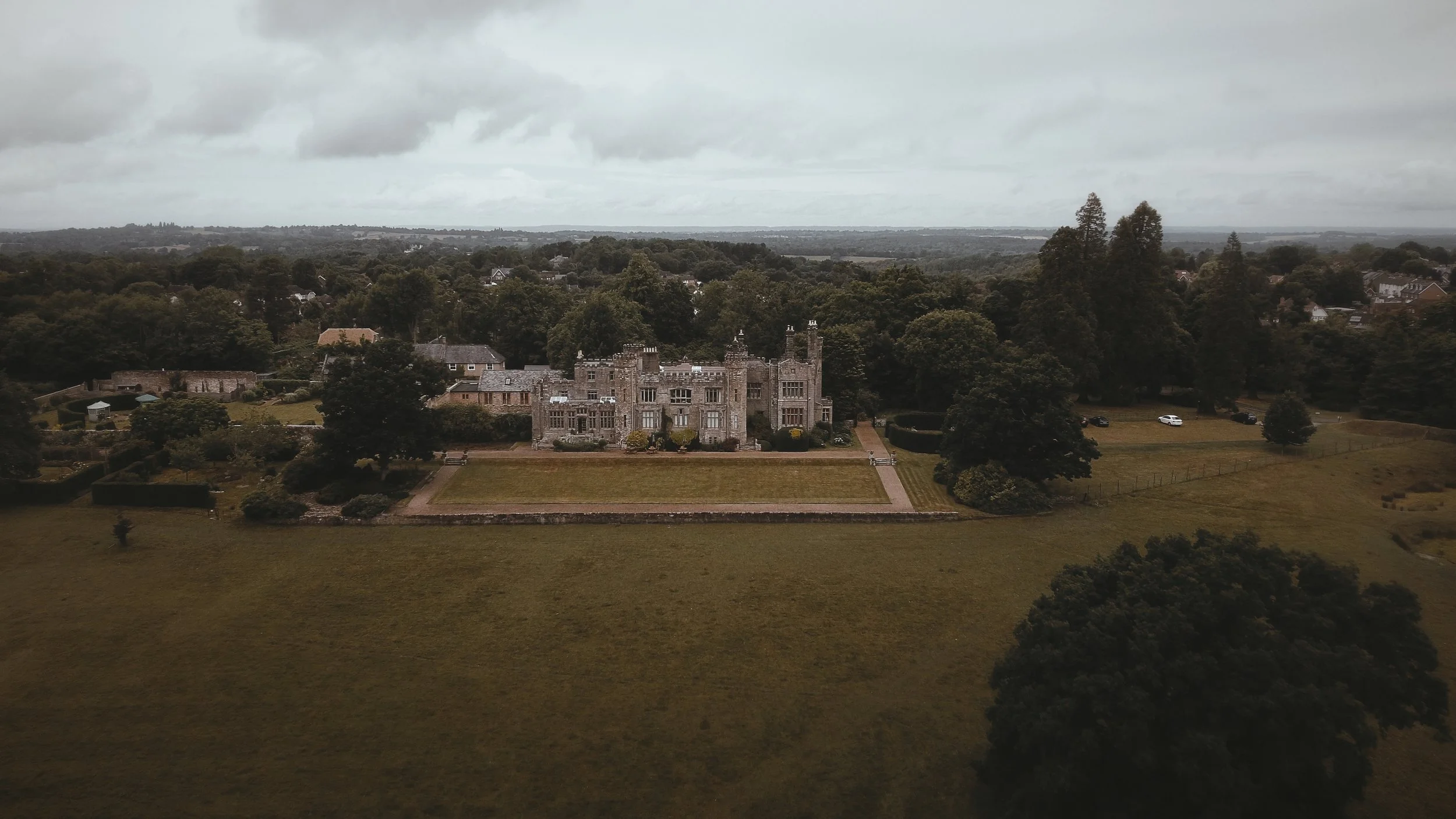 An aerial drone shot of the Wadhurst castle wedding venue in East Sussex.
