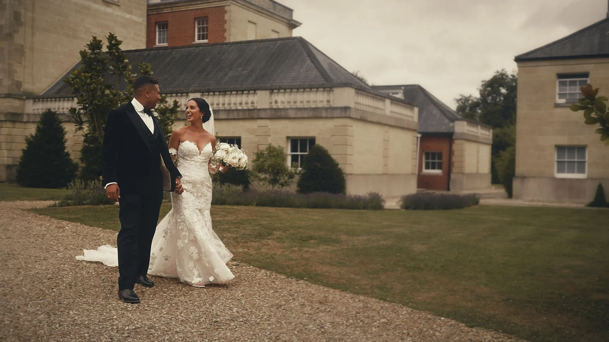 A cinematic wedding videography shot from a black tie wedding at Botleys Mansion in Surrey, filmed by Luke Batchelor productions.