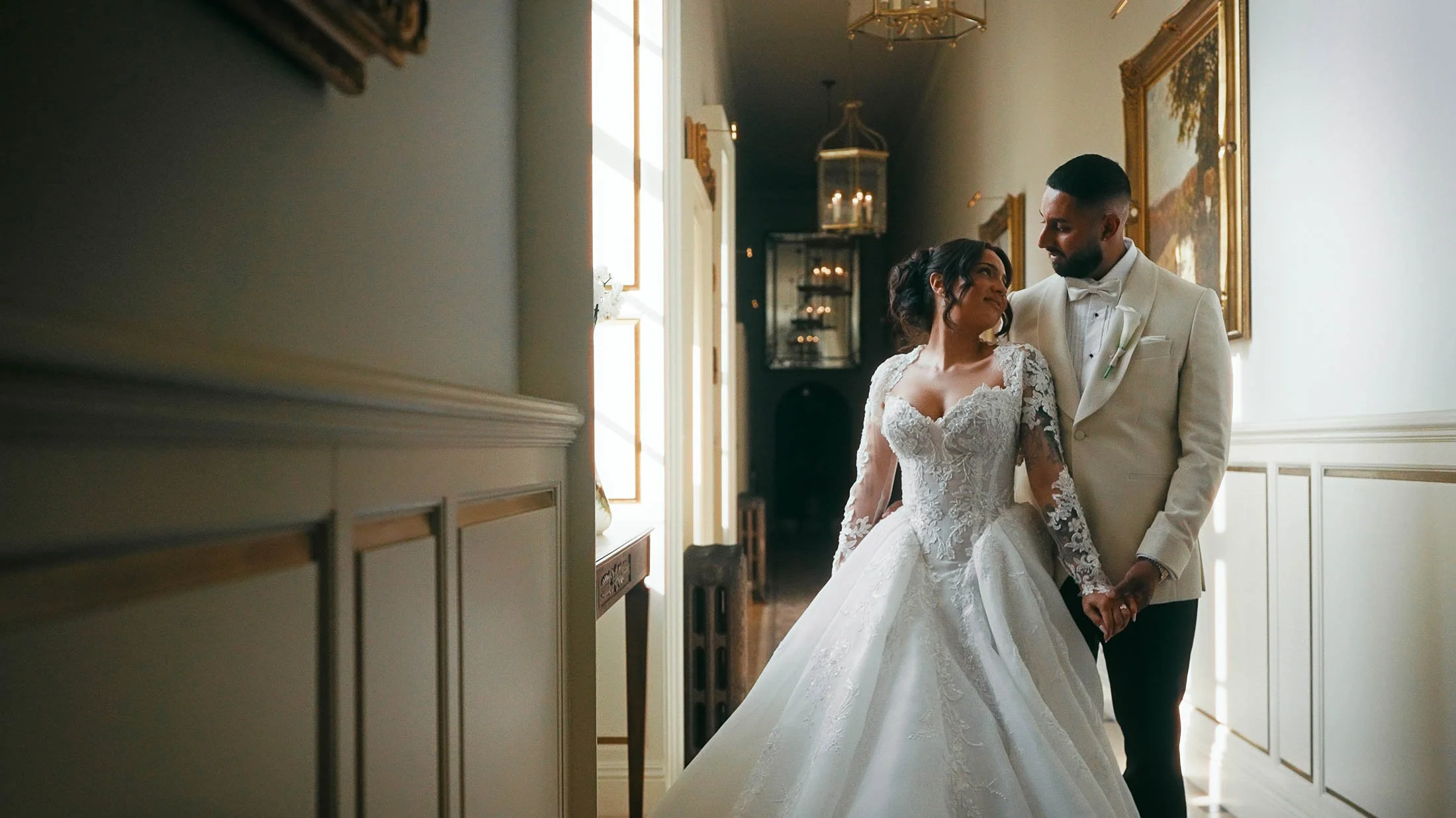Interior couple portraits with a bride and groom on their black-tie Grantley Hall wedding day.