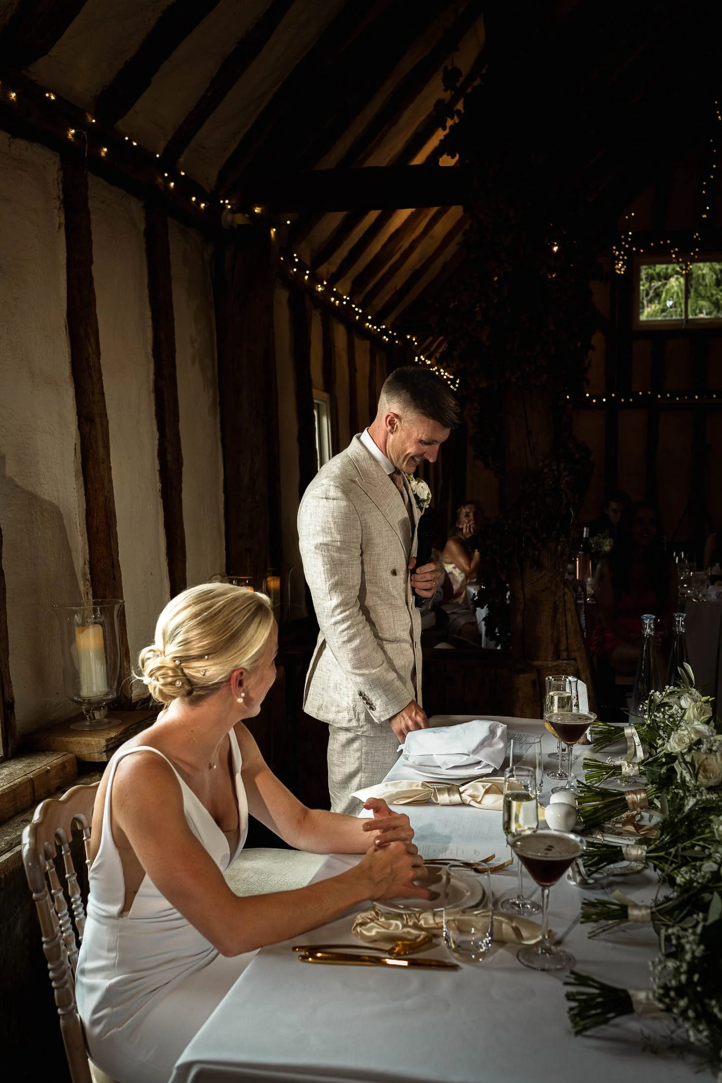 The groom delivers an emotional speech on his summer wedding day at Winters Barns in Kent.