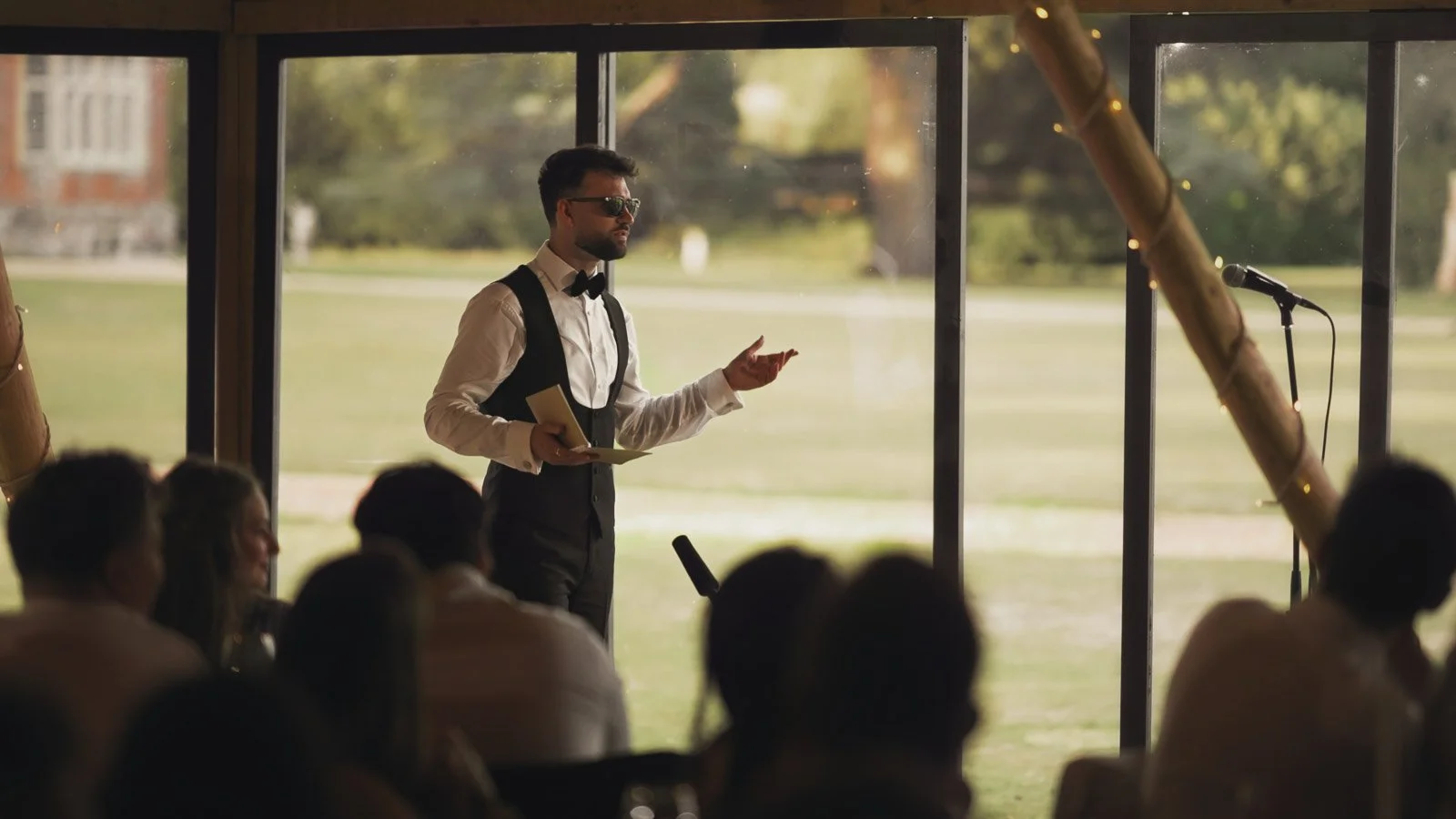 Guests and atmosphere from a colourful riverside wedding with black-tie styling and a marquee party on the Thames.