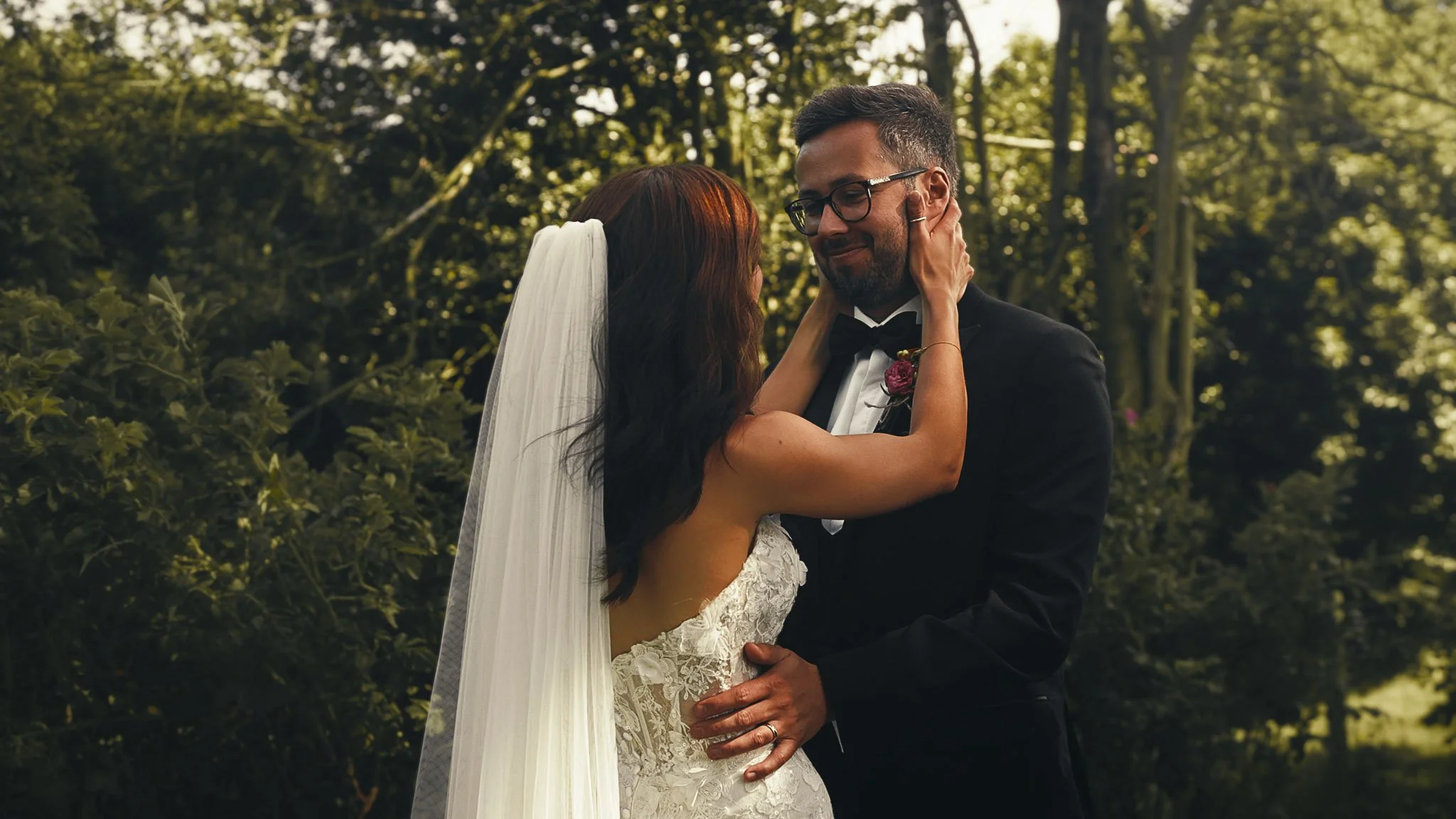 An editorial style couples portrait session from a black tie wedding at The Old Kent Barn, captured by Kent wedding videographer Luke Batchelor Productions.