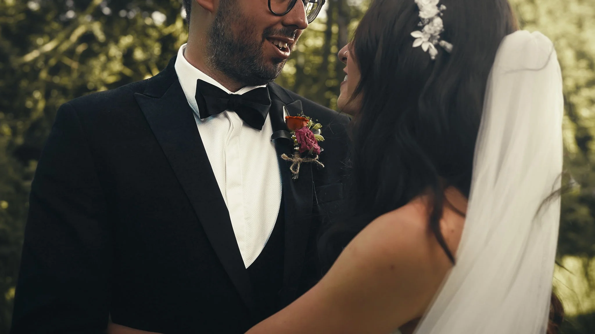 An editorial style couples portrait session from a black tie wedding at The Old Kent Barn, captured by Kent wedding videographer Luke Batchelor Productions.