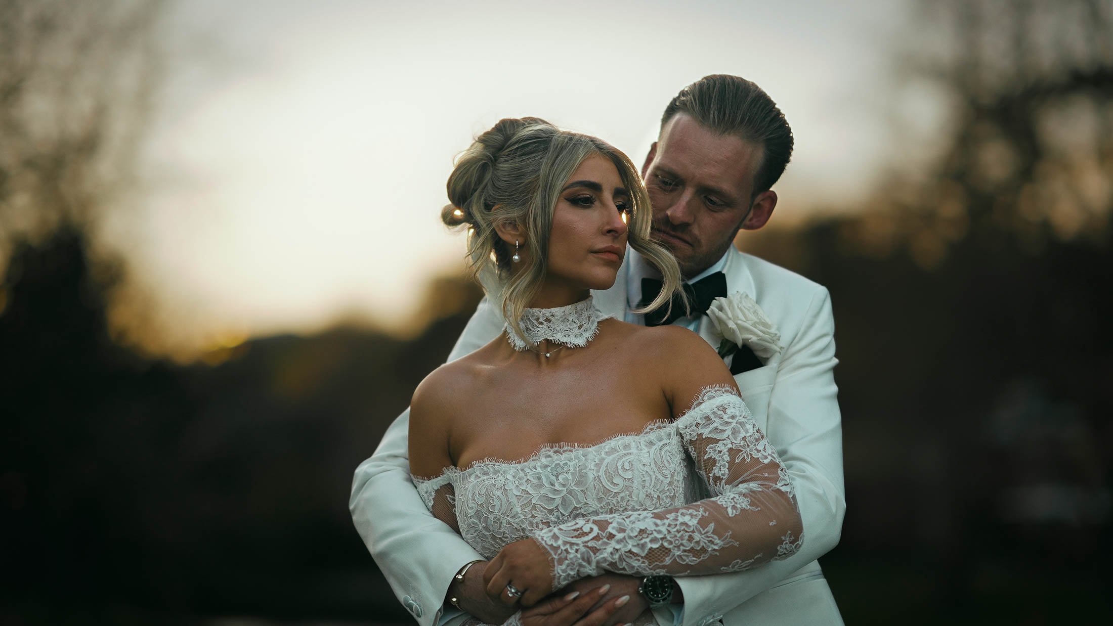 An editorial and cinematic portrait of a bride and groom during a golden hour at The Orangery, Maidstone, Kent.