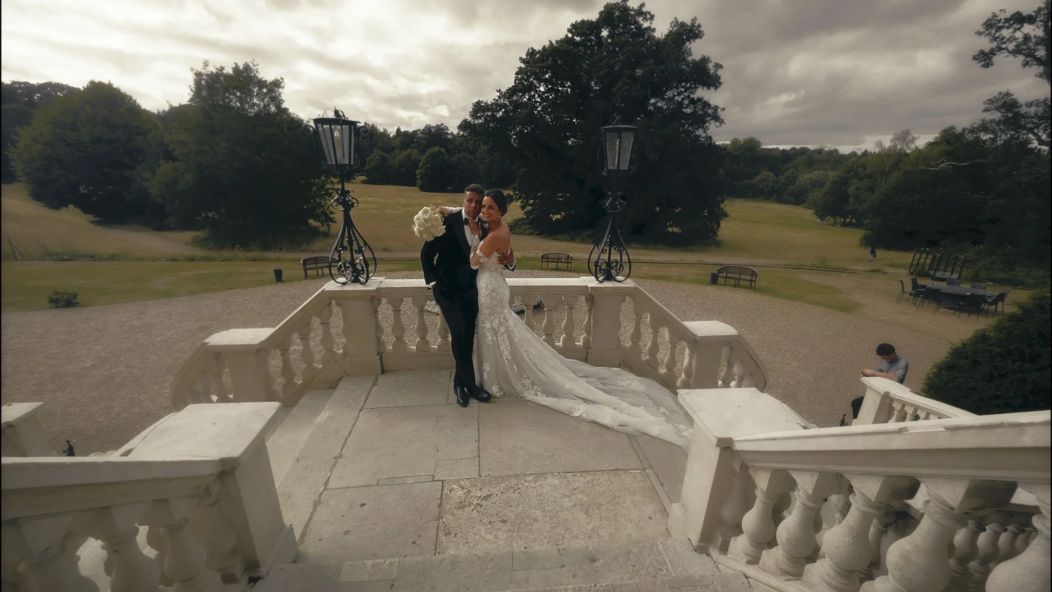 A cinematic wedding videography still from a luxury wedding at Botleys Mansion in Surrey, captured by Luke Batchelor Productions.