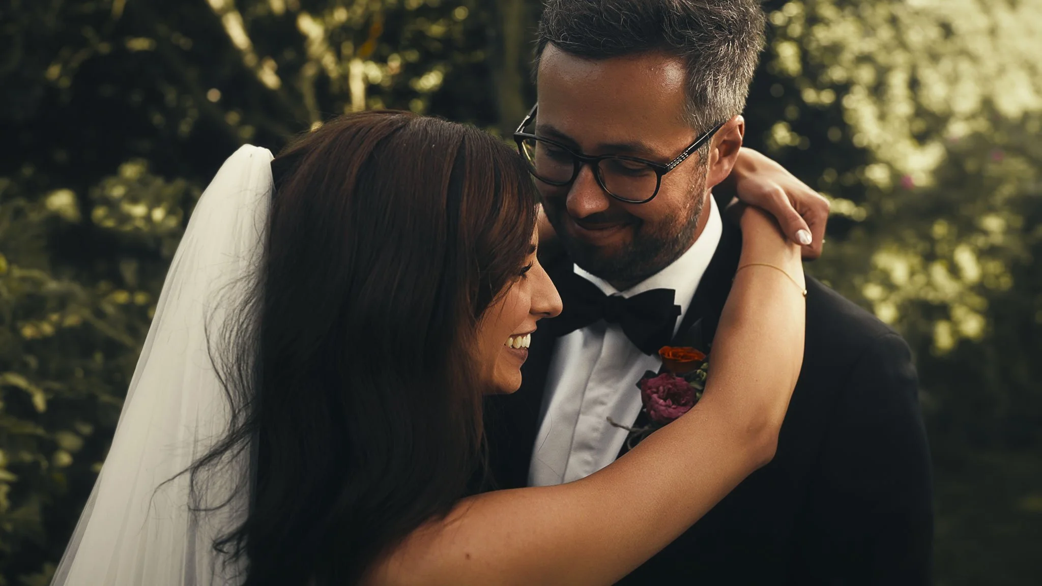 An editorial style couples portrait session from a black tie wedding at The Old Kent Barn, captured by Kent wedding videographer Luke Batchelor Productions.