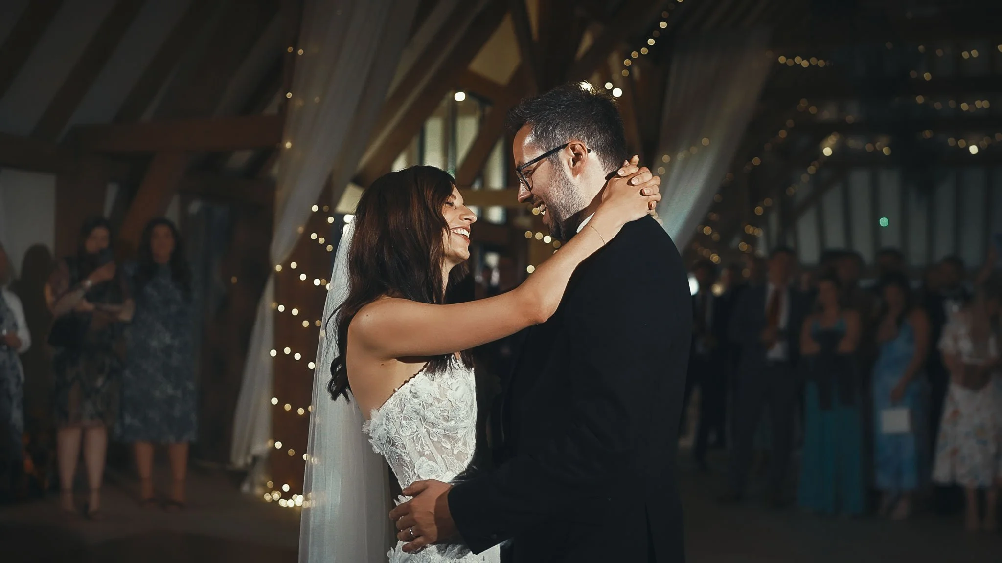 A black tie wedding afterparty at The Old Kent Barn, filmed by Kent videographer Luke Batchelor Productions