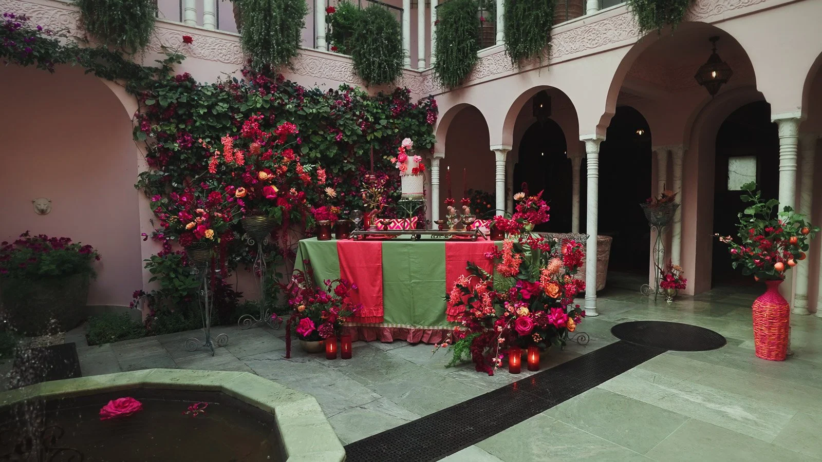 Table styling close-up with saturated palette and candlelit atmosphere