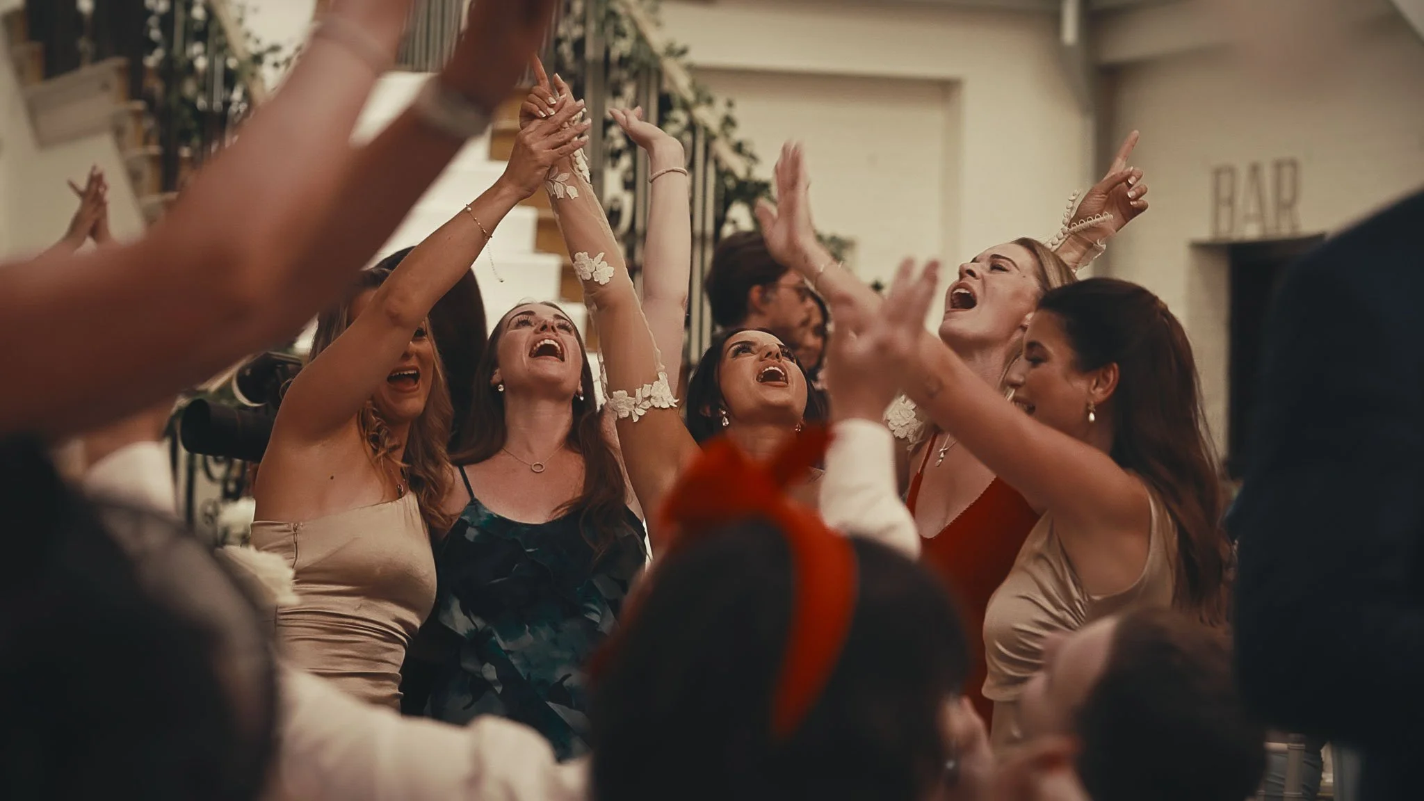 The Atrium transitioning from wedding breakfast into evening celebration at Botleys Mansion, shifting atmosphere as night begins.