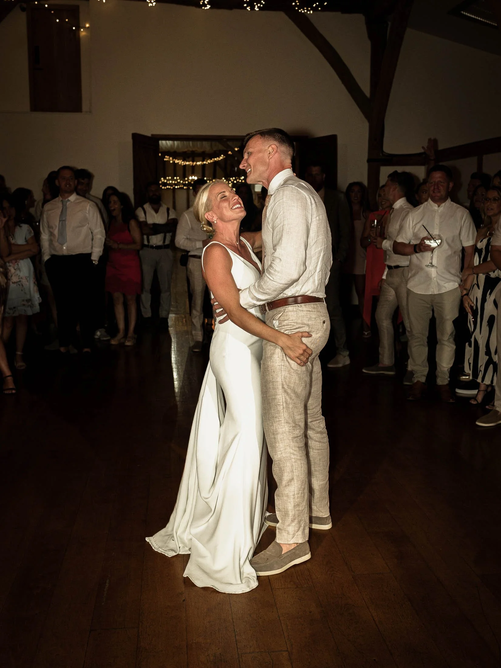 A first dance between a bride and groom during a Winters Barns wedding.