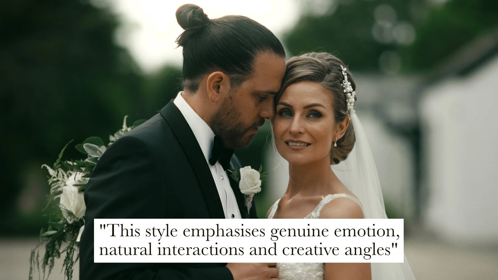 An editorial style image of a couple on their luxury wedding day with the caption "This style emphasises genuien emotion, natural interactions and creative angles"