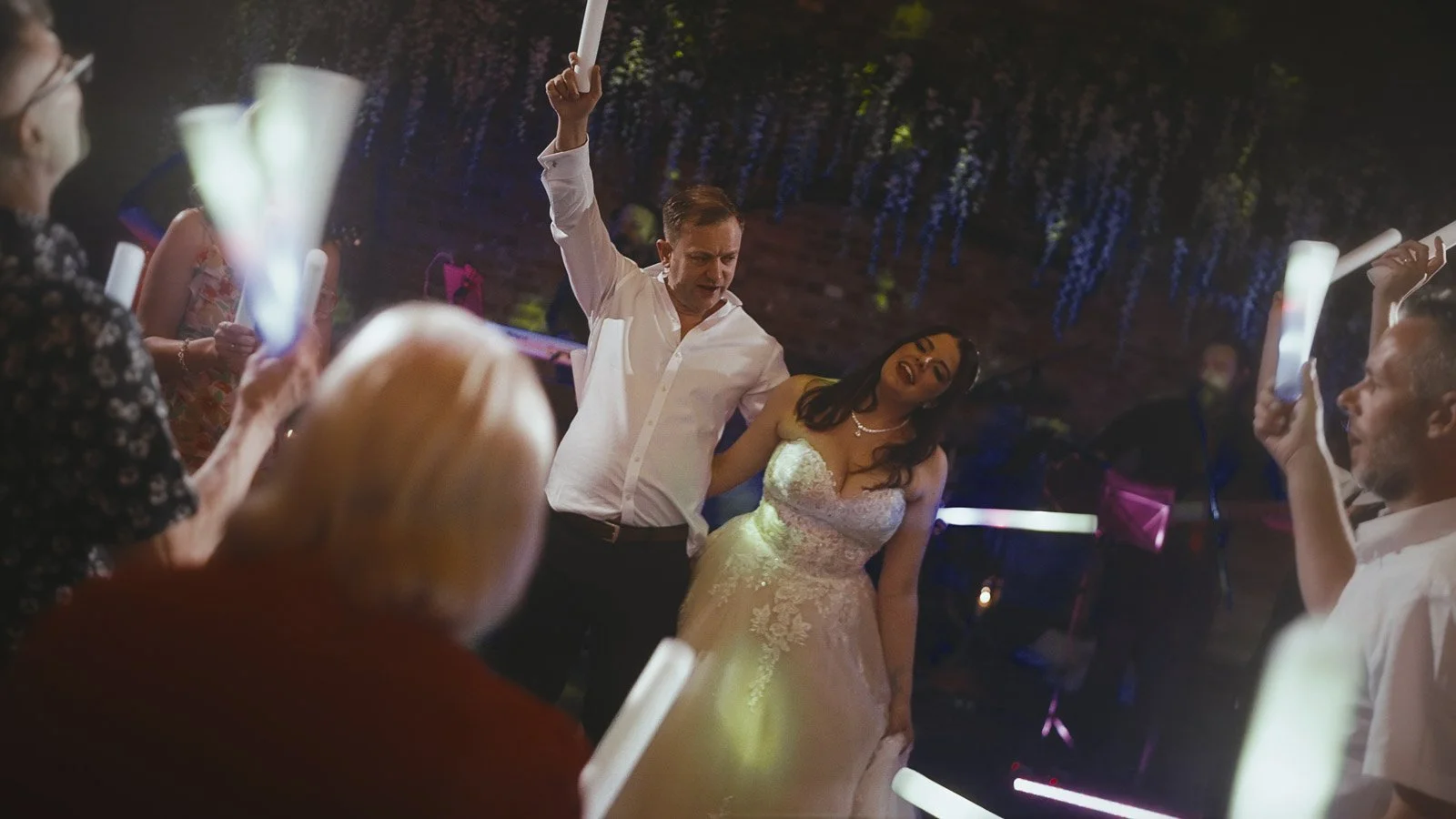 Evening celebration energy inside Cooling Castle Barn wedding reception