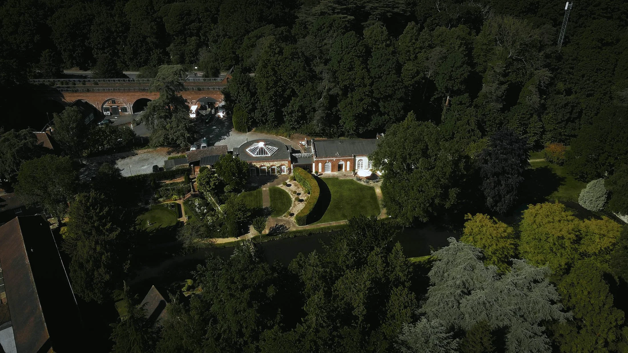 A drone shot of The Orangery Maidstone wedding venue in Kent, UK.