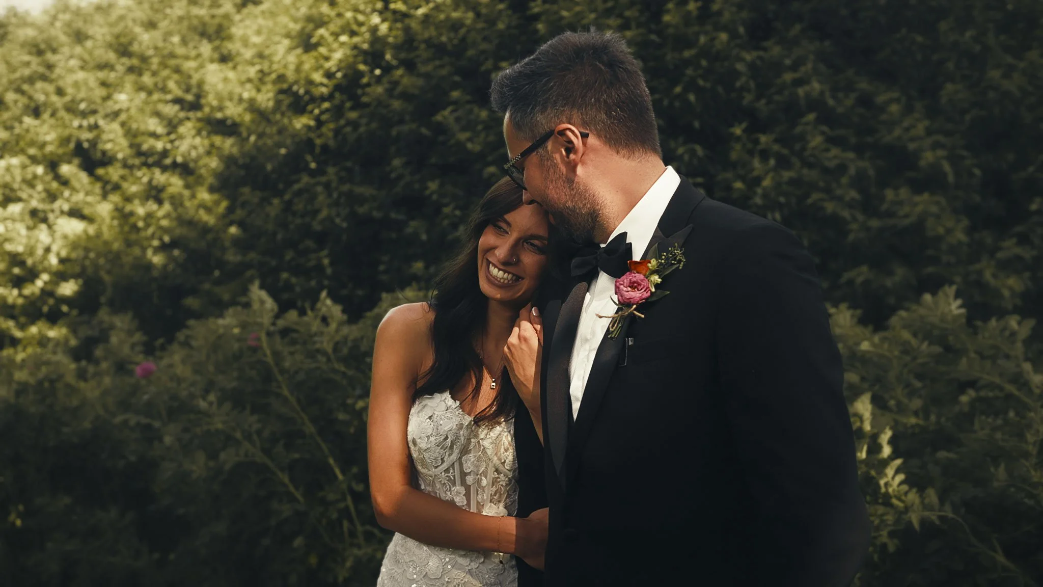 An editorial style couples portrait session from a black tie wedding at The Old Kent Barn, captured by Kent wedding videographer Luke Batchelor Productions.