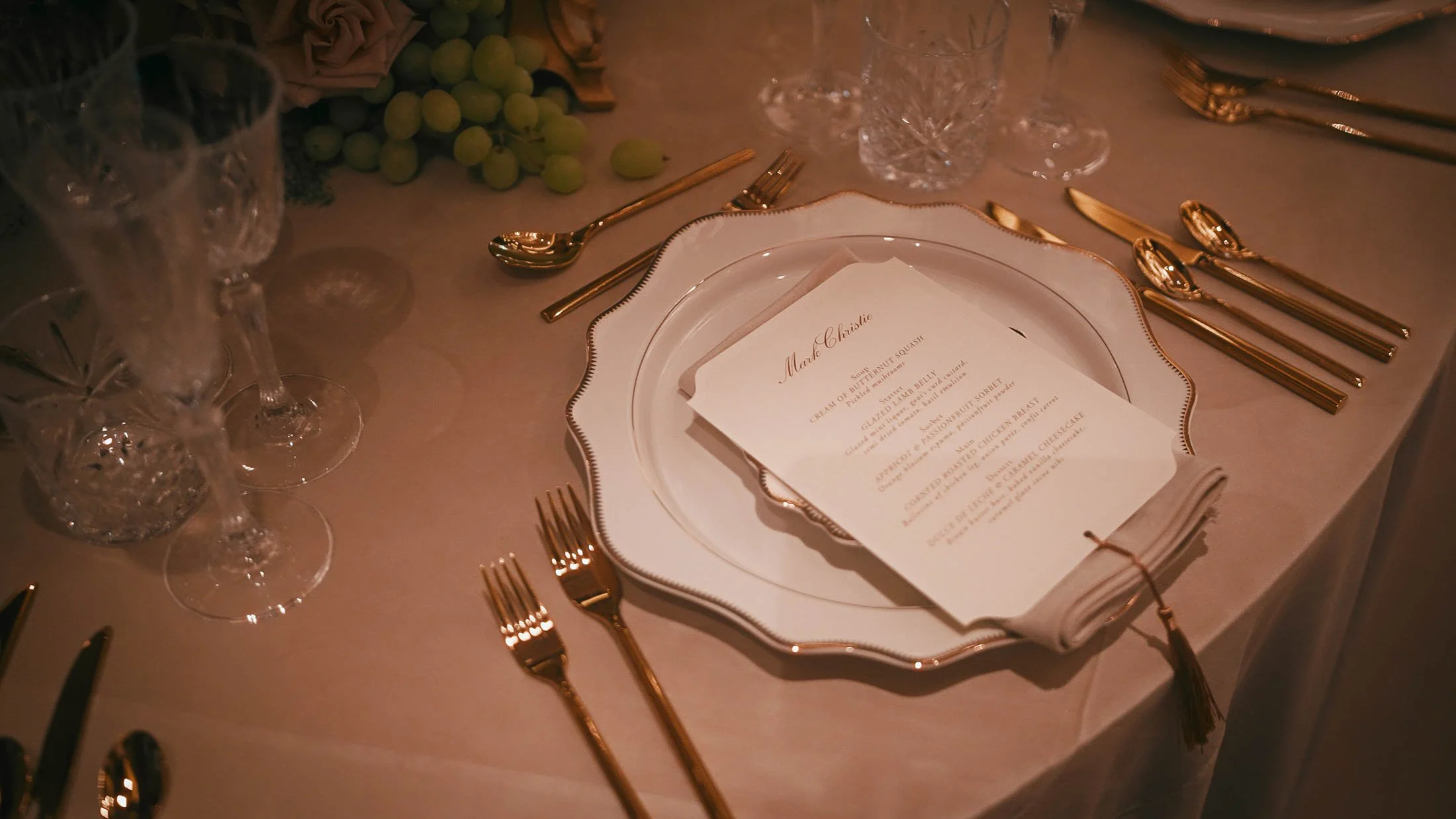 Table decor during a black-tie Grantley Hall wedding, captured by a wedding videographer.