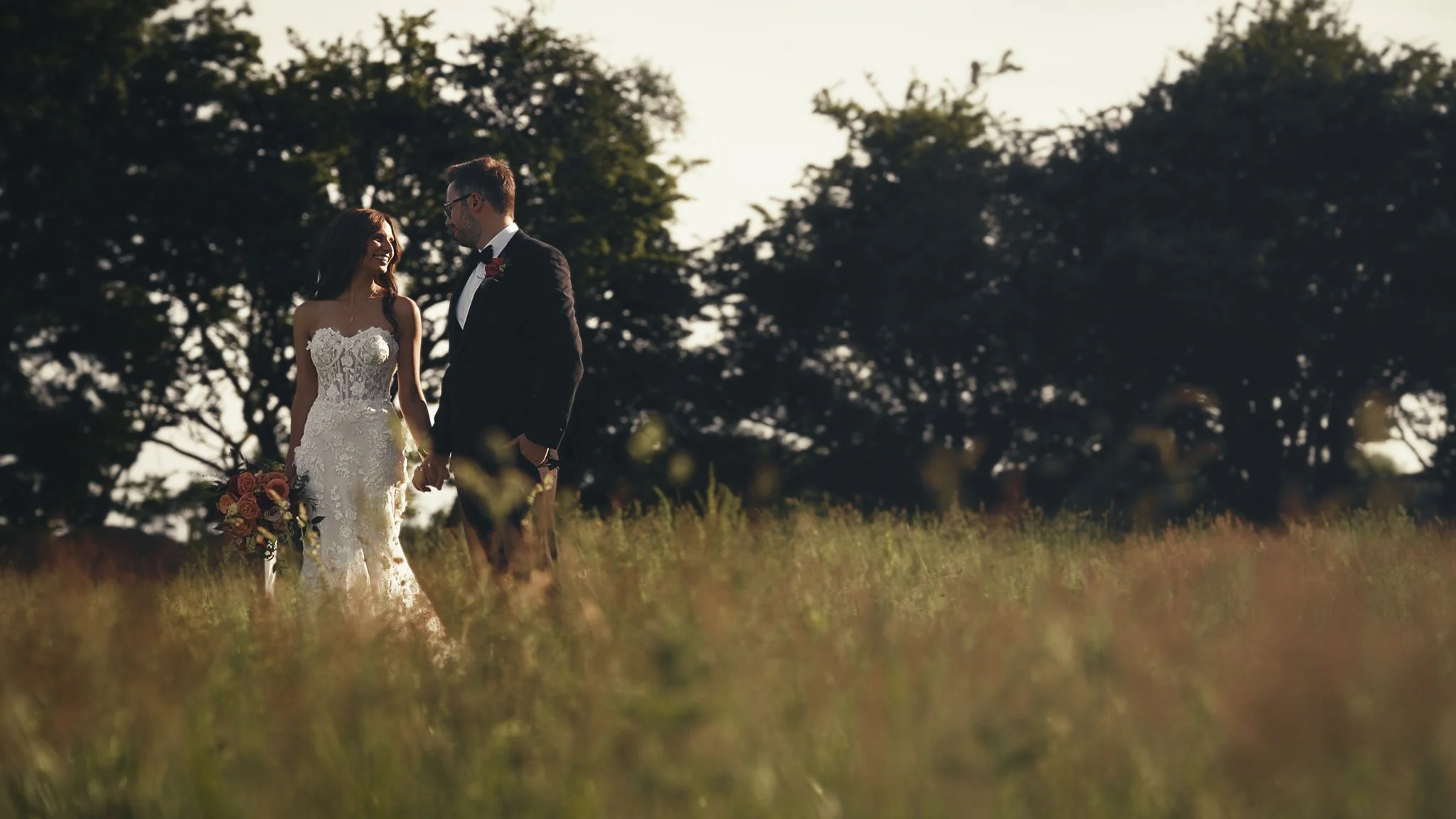An editorial style couples portrait session from a black tie wedding at The Old Kent Barn, captured by Kent wedding videographer Luke Batchelor Productions.