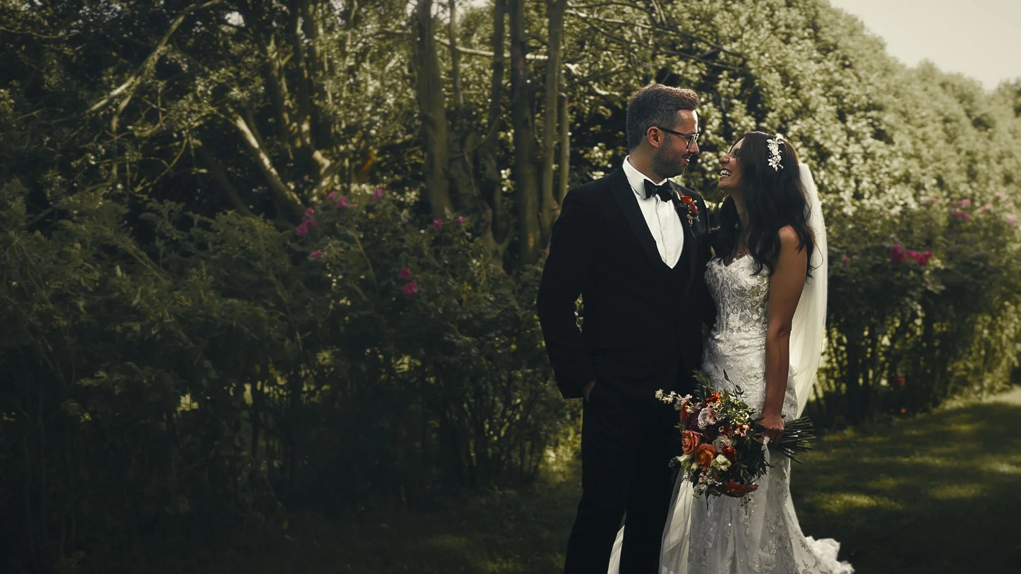 An editorial style couples portrait session from a black tie wedding at The Old Kent Barn, captured by Kent wedding videographer Luke Batchelor Productions.