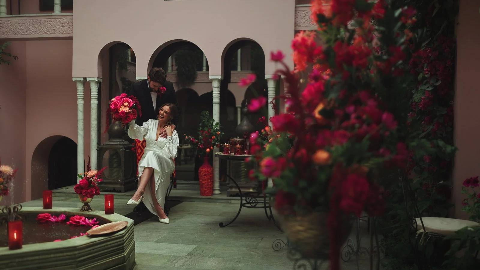 Fine art wedding aesthetic with bold colour accents and timeless composition