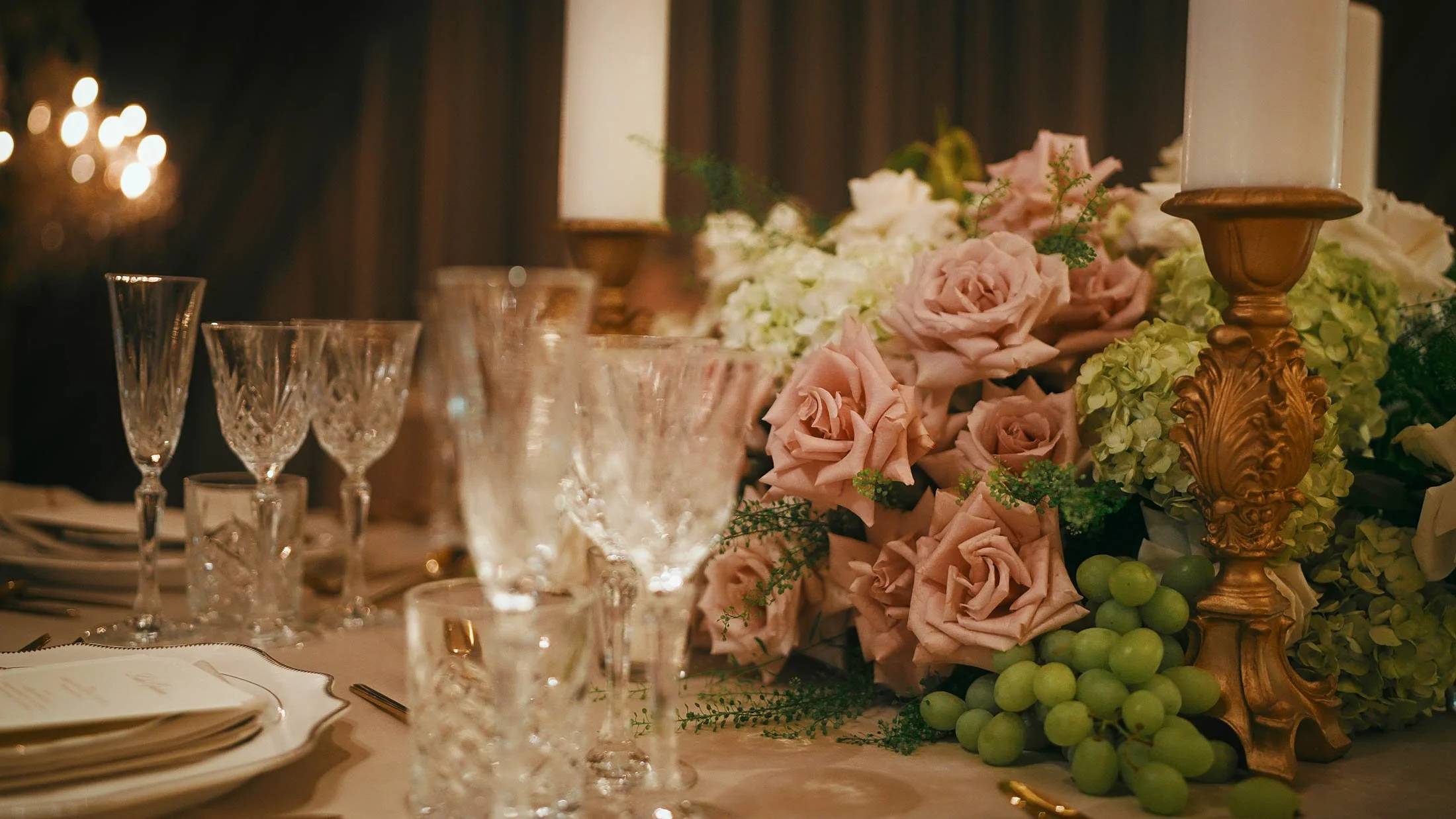 A wedding videography shot of a heavily styled table setup at a Grantley Hall wedding reception.