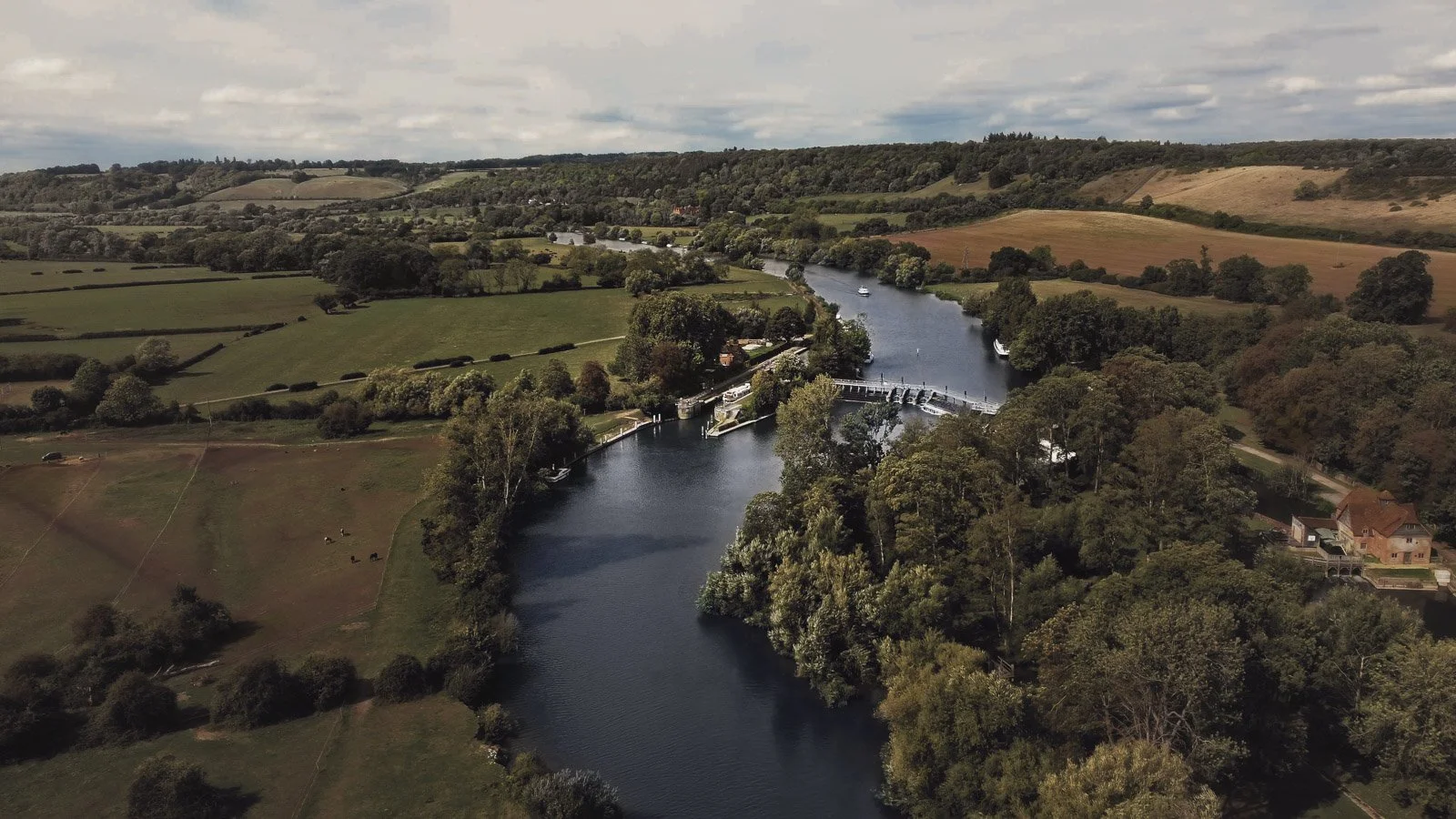Editorial-style wedding photography from a colourful riverside celebration with bold florals and a marquee reception.