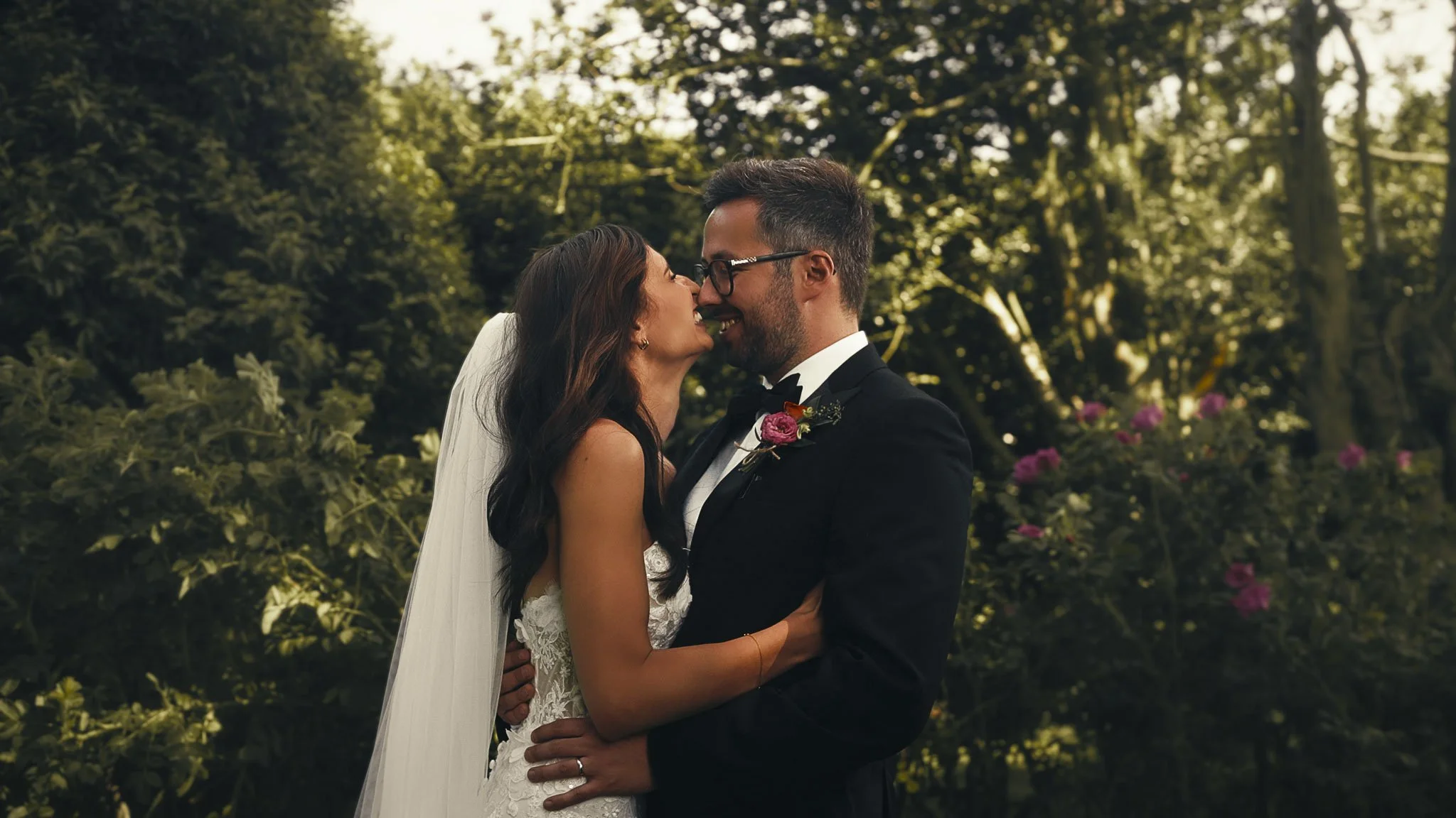 An editorial style couples portrait session from a black tie wedding at The Old Kent Barn, captured by Kent wedding videographer Luke Batchelor Productions.