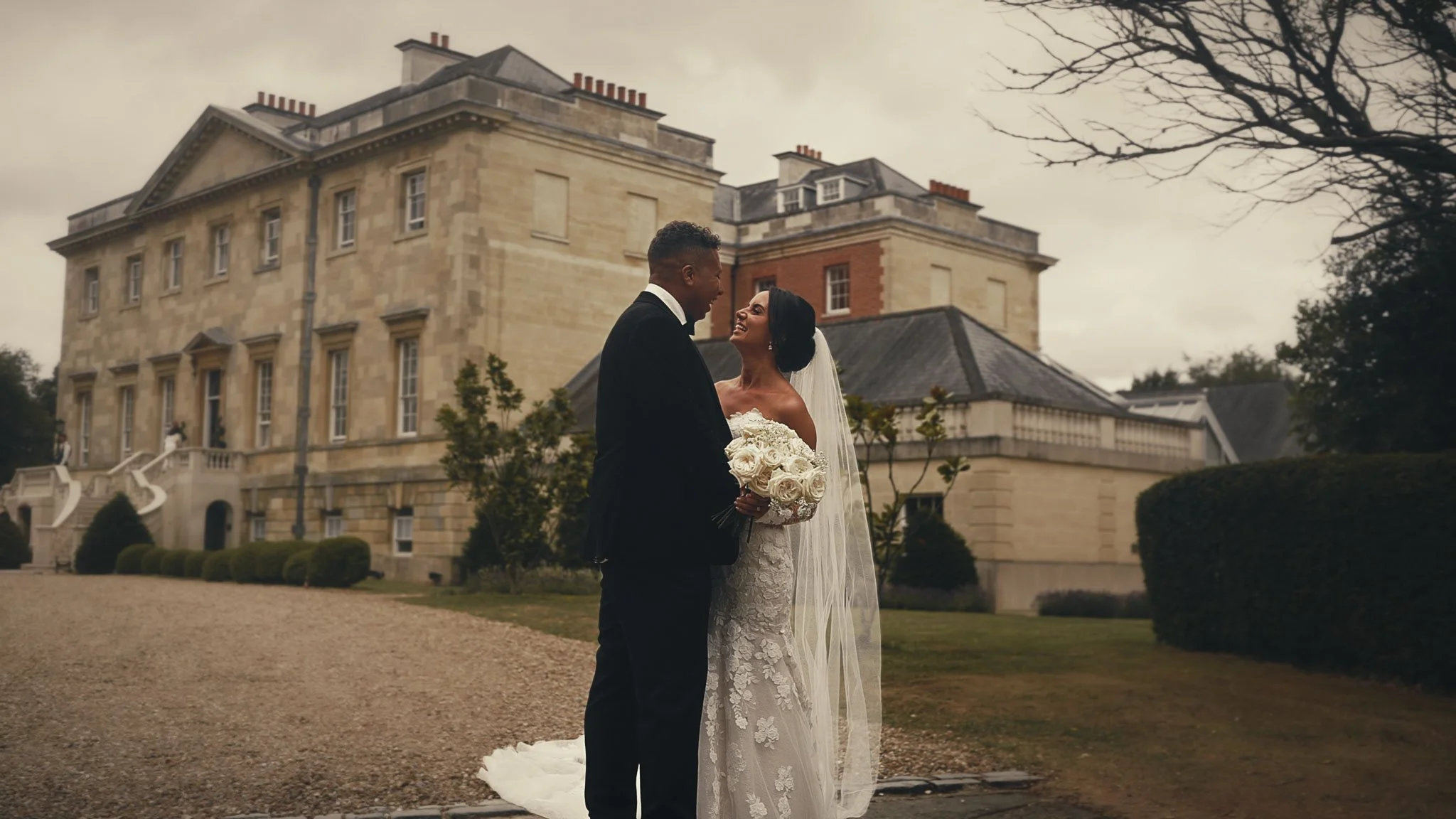 A cinematic wedding videography shot from a black tie wedding at Botleys Mansion in Surrey, filmed by Luke Batchelor productions.
