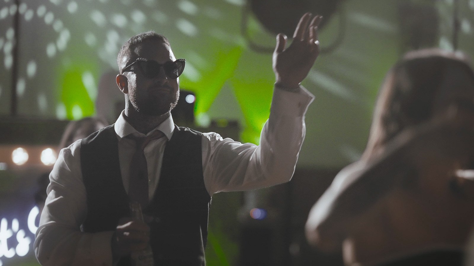 A guest dances during an after party at Winters Barns in Nackington, Canterbury.